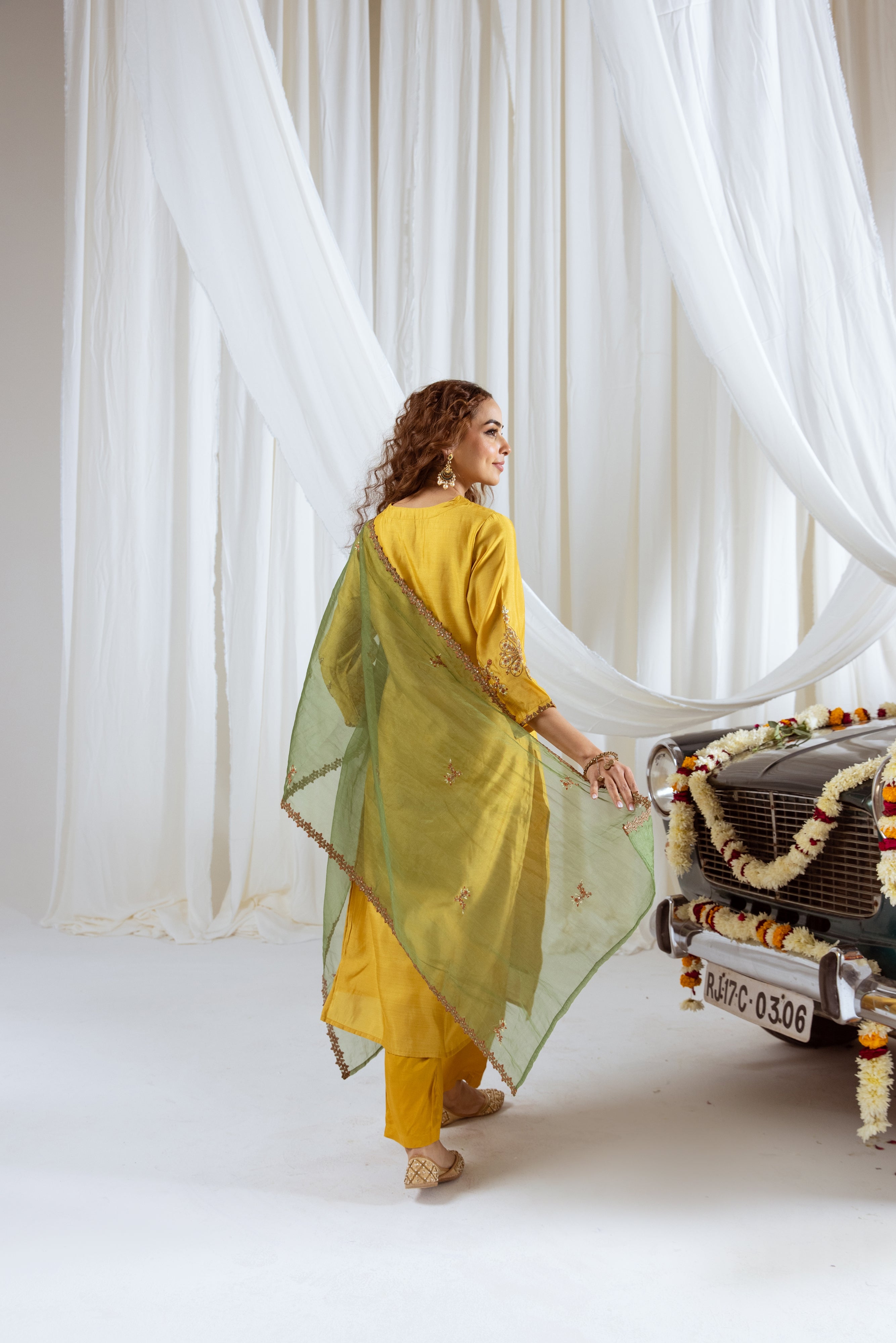 Mustard Muslin Silk Kurta Pant and Dupatta Set