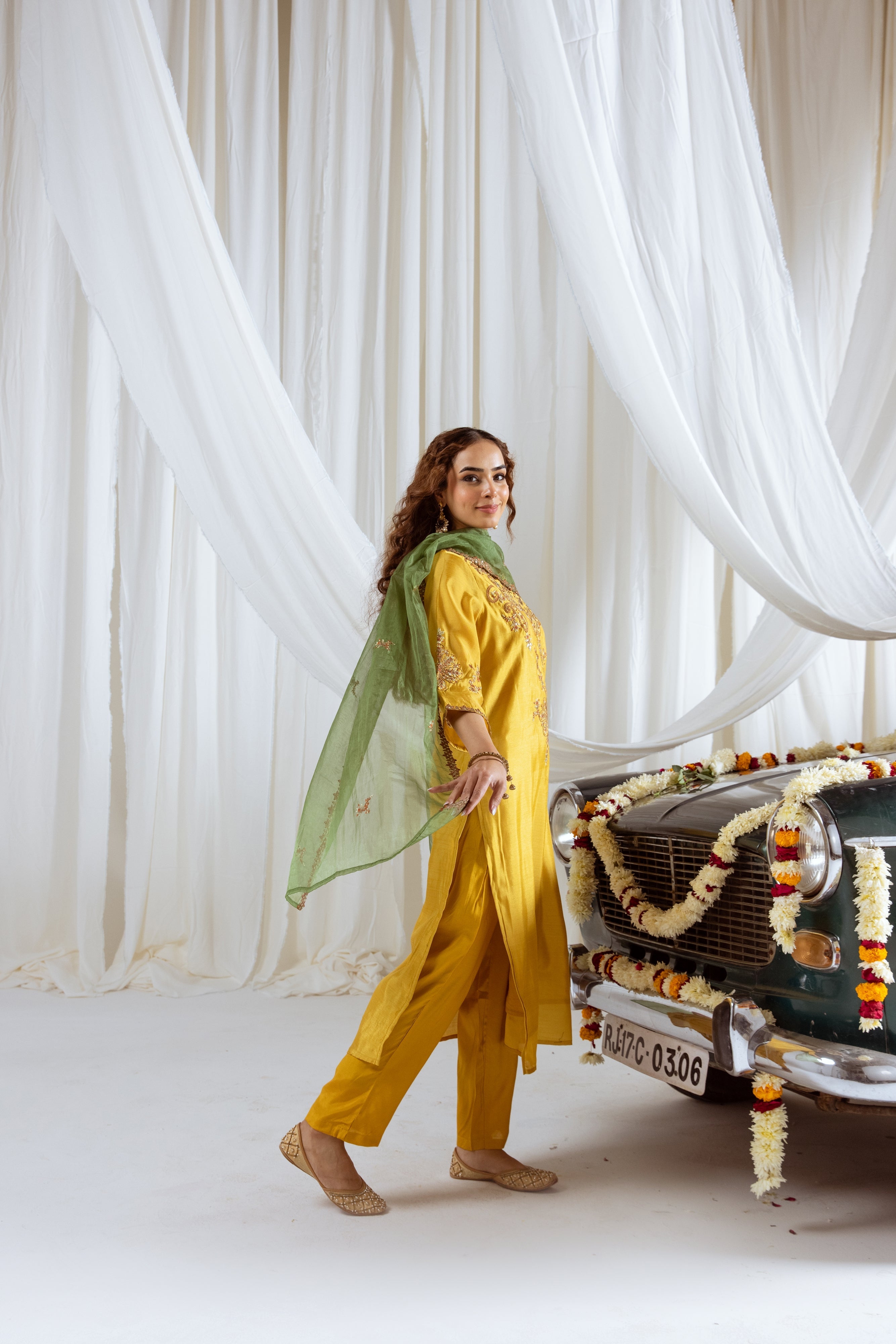 Mustard Muslin Silk Kurta Pant and Dupatta Set