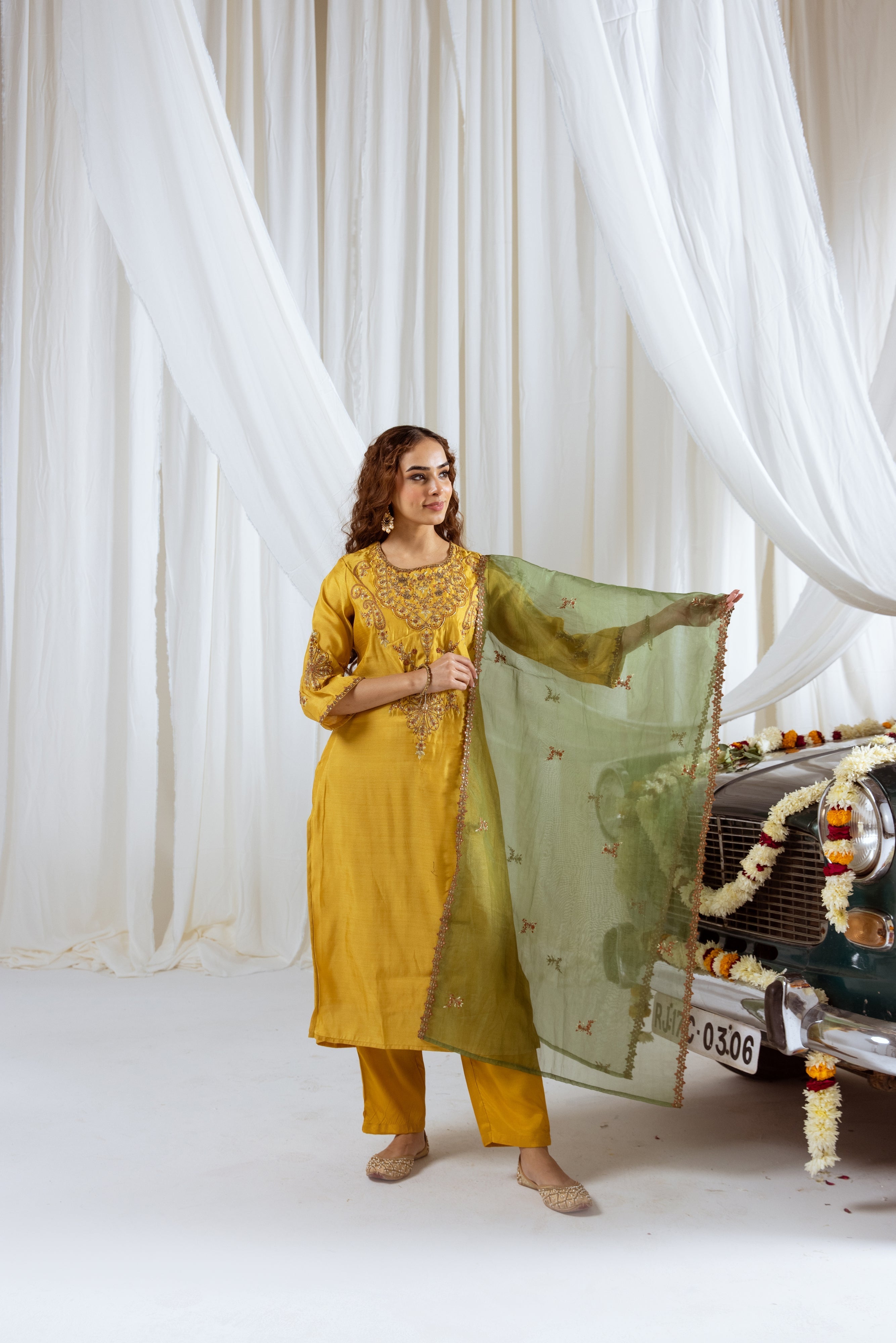 Mustard Muslin Silk Kurta Pant and Dupatta Set