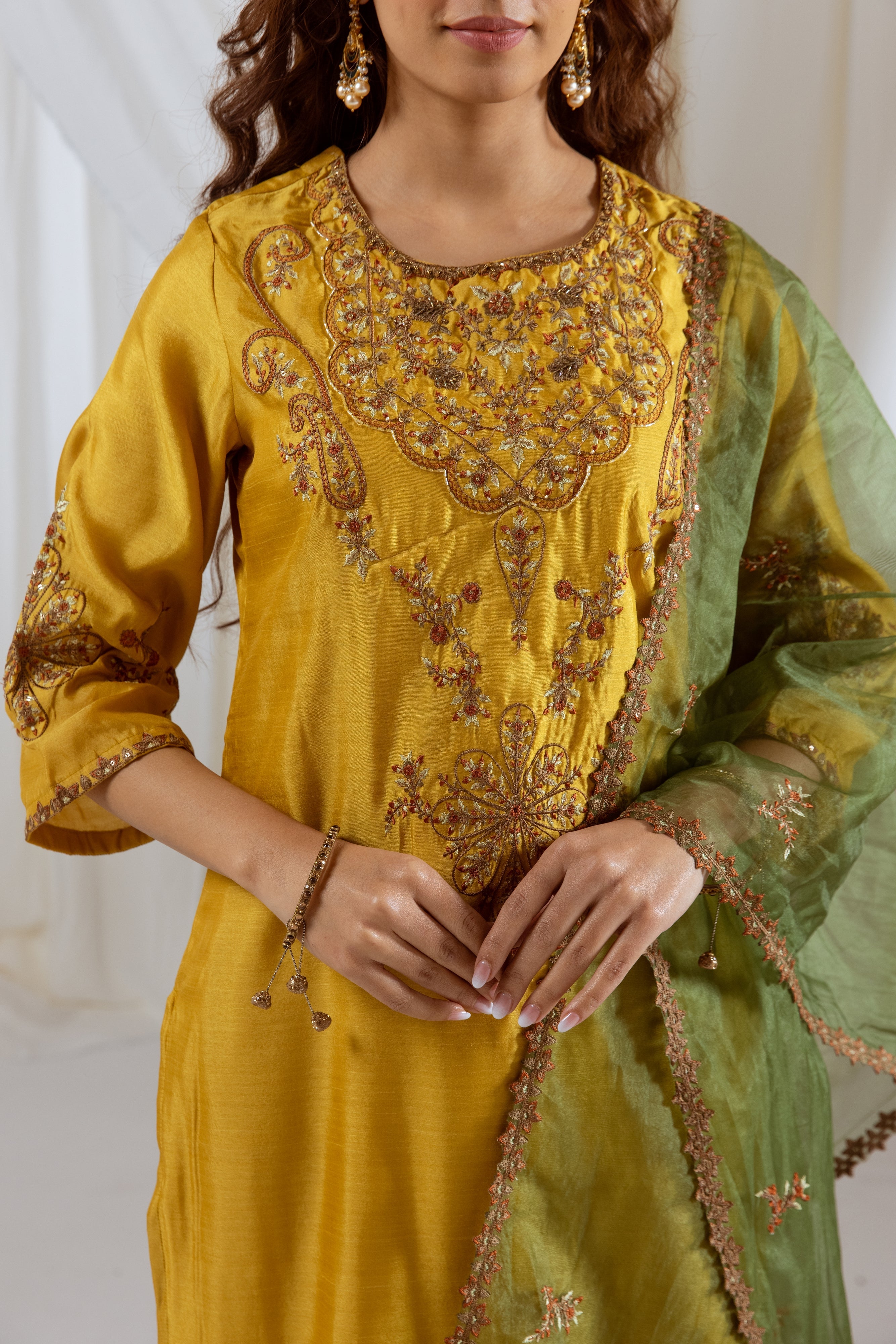 Mustard Muslin Silk Kurta Pant and Dupatta Set