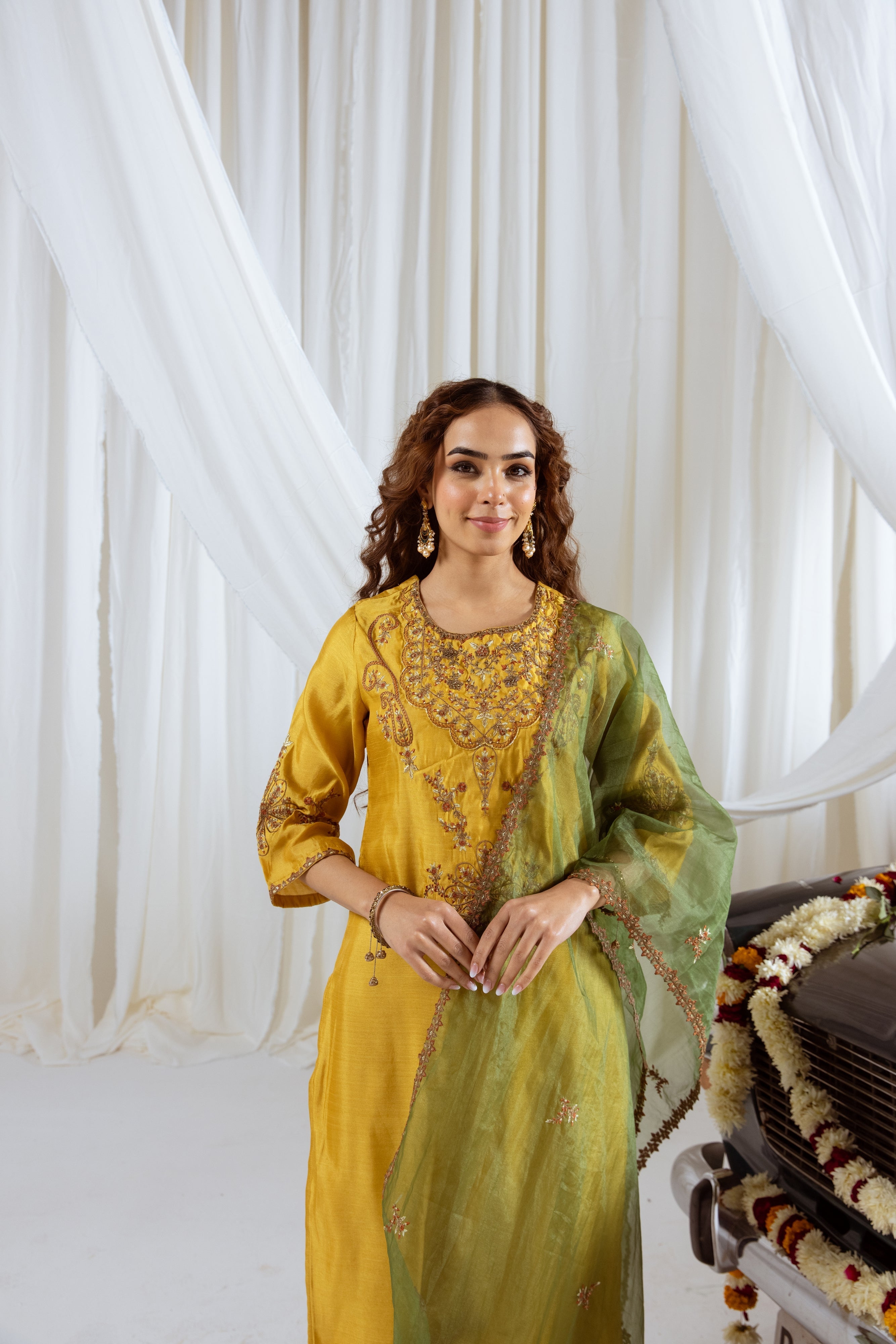 Mustard Muslin Silk Kurta Pant and Dupatta Set