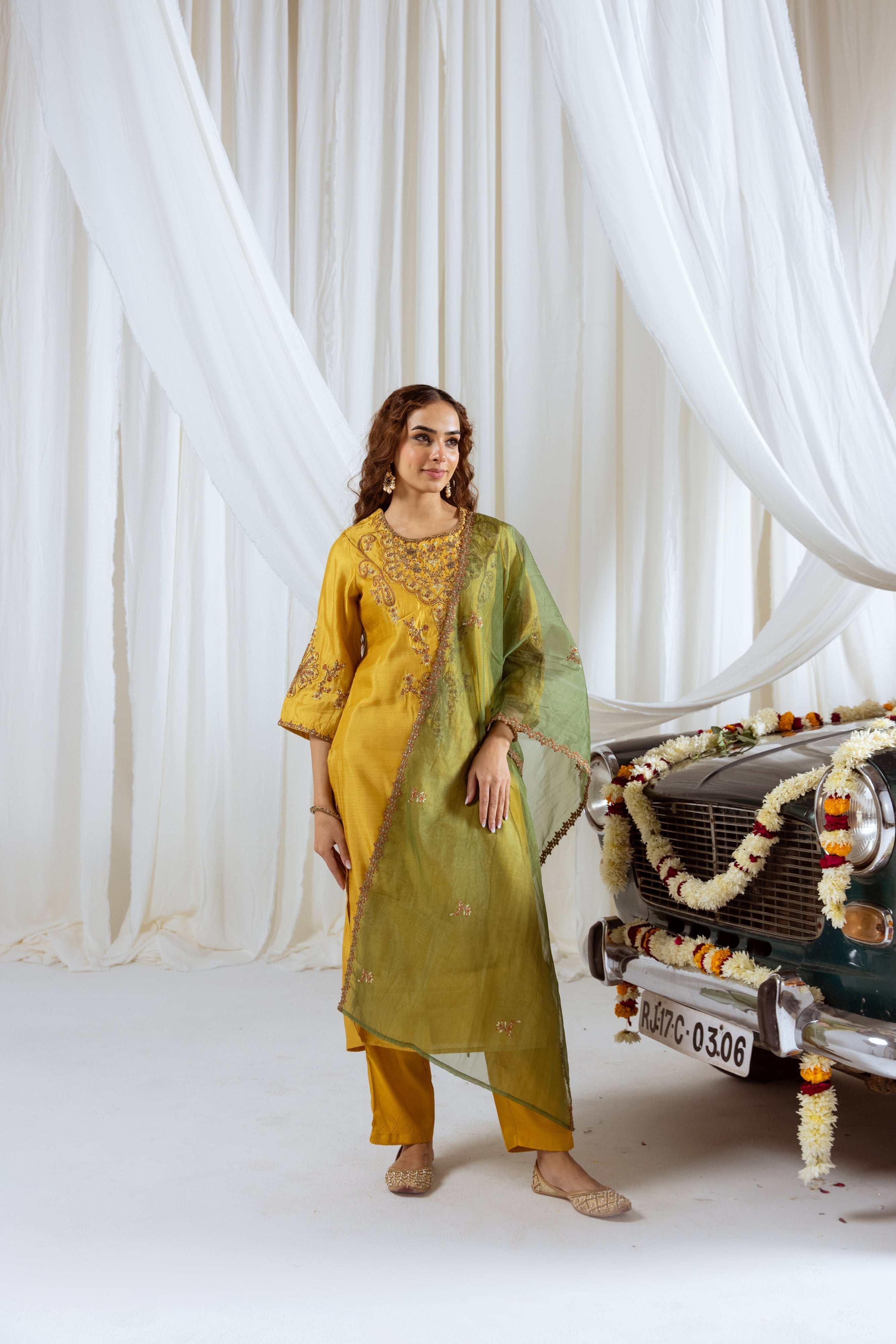 Mustard Muslin Silk Kurta Pant and Dupatta Set