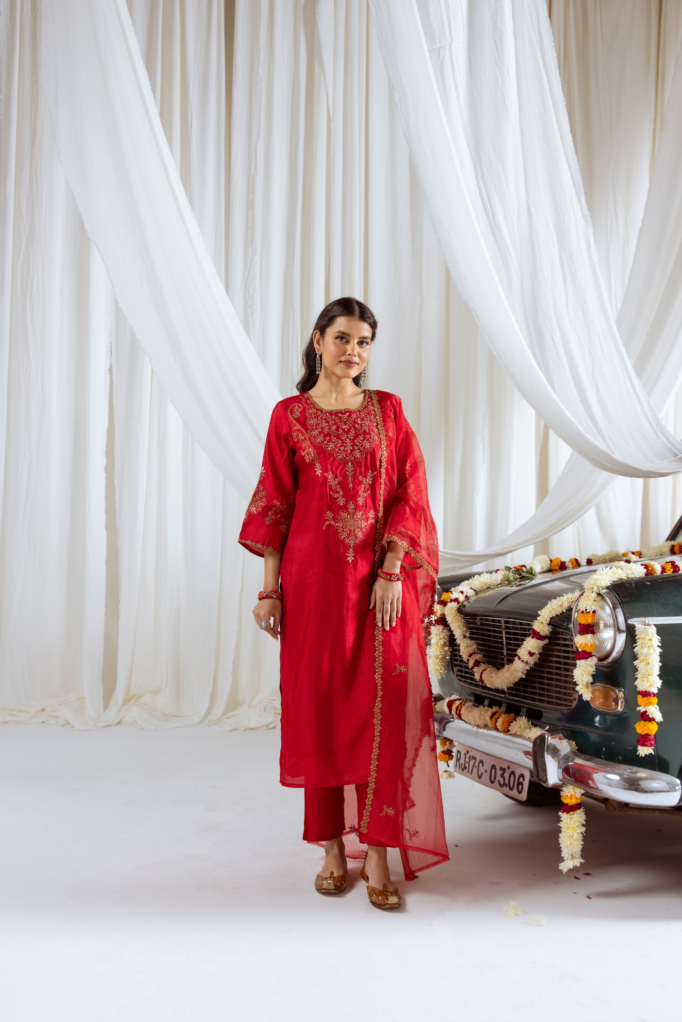 Maroon Muslin Silk Kurta Pant and Dupatta Set