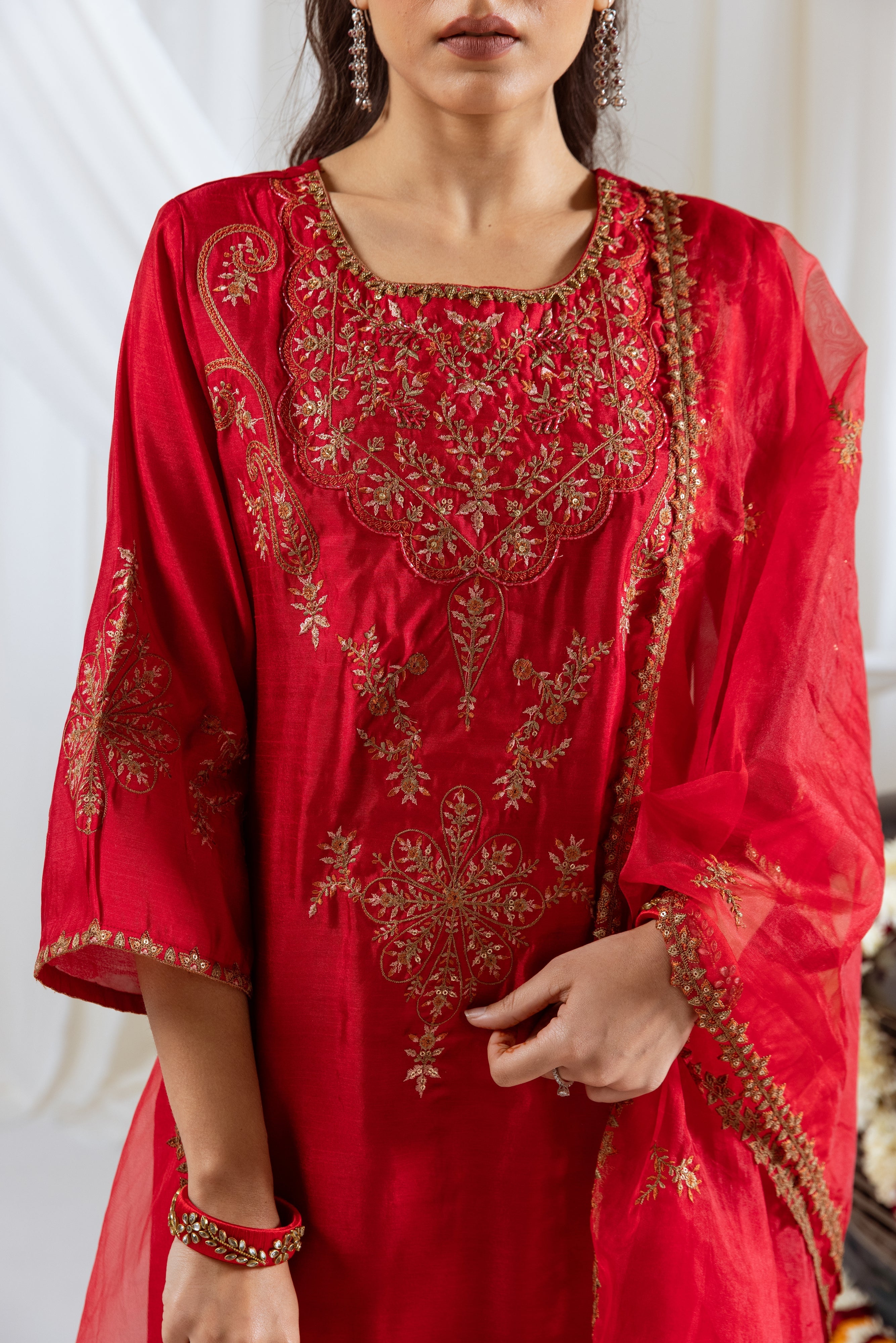 Maroon Muslin Silk Kurta Pant and Dupatta Set