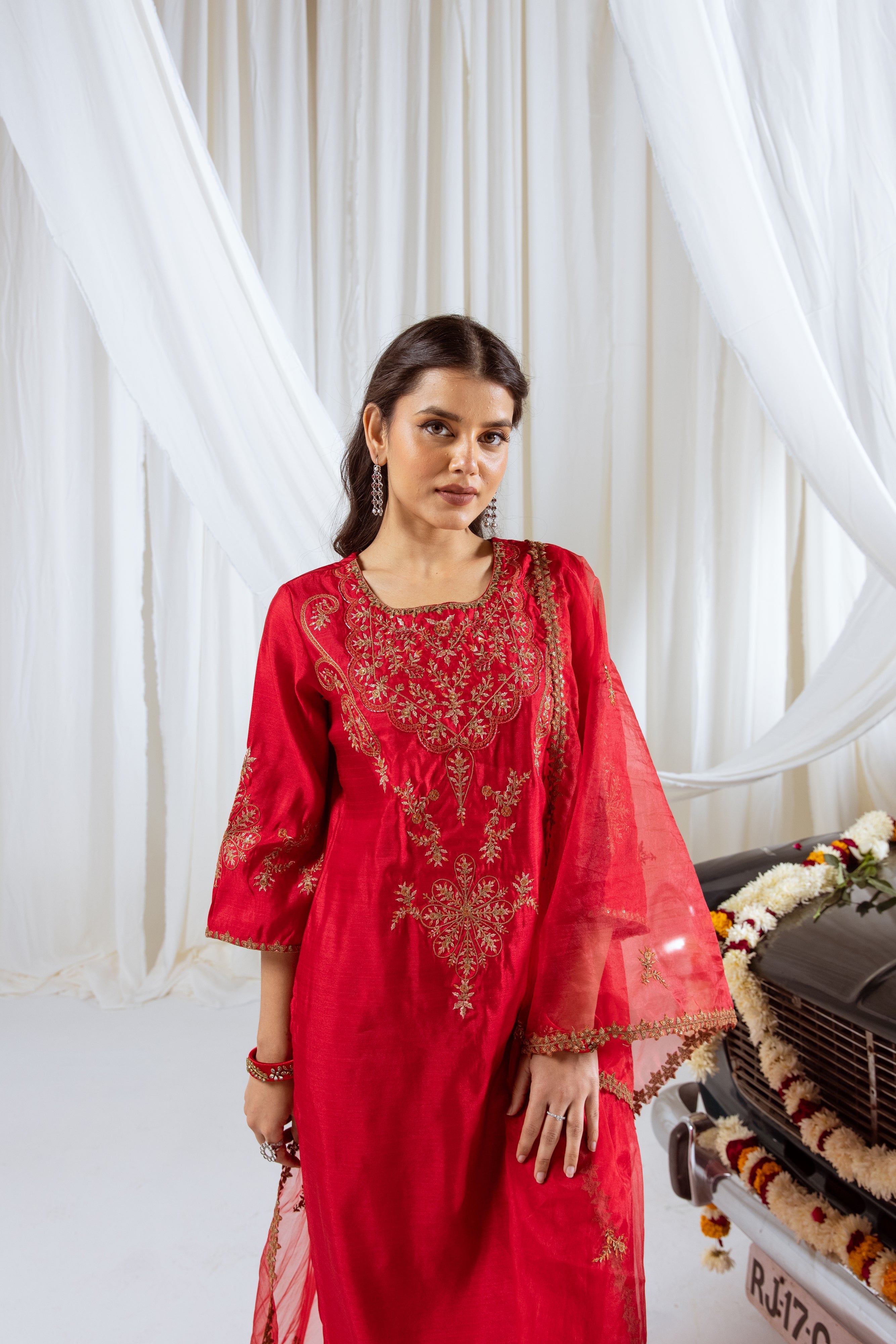 Maroon Muslin Silk Kurta Pant and Dupatta Set