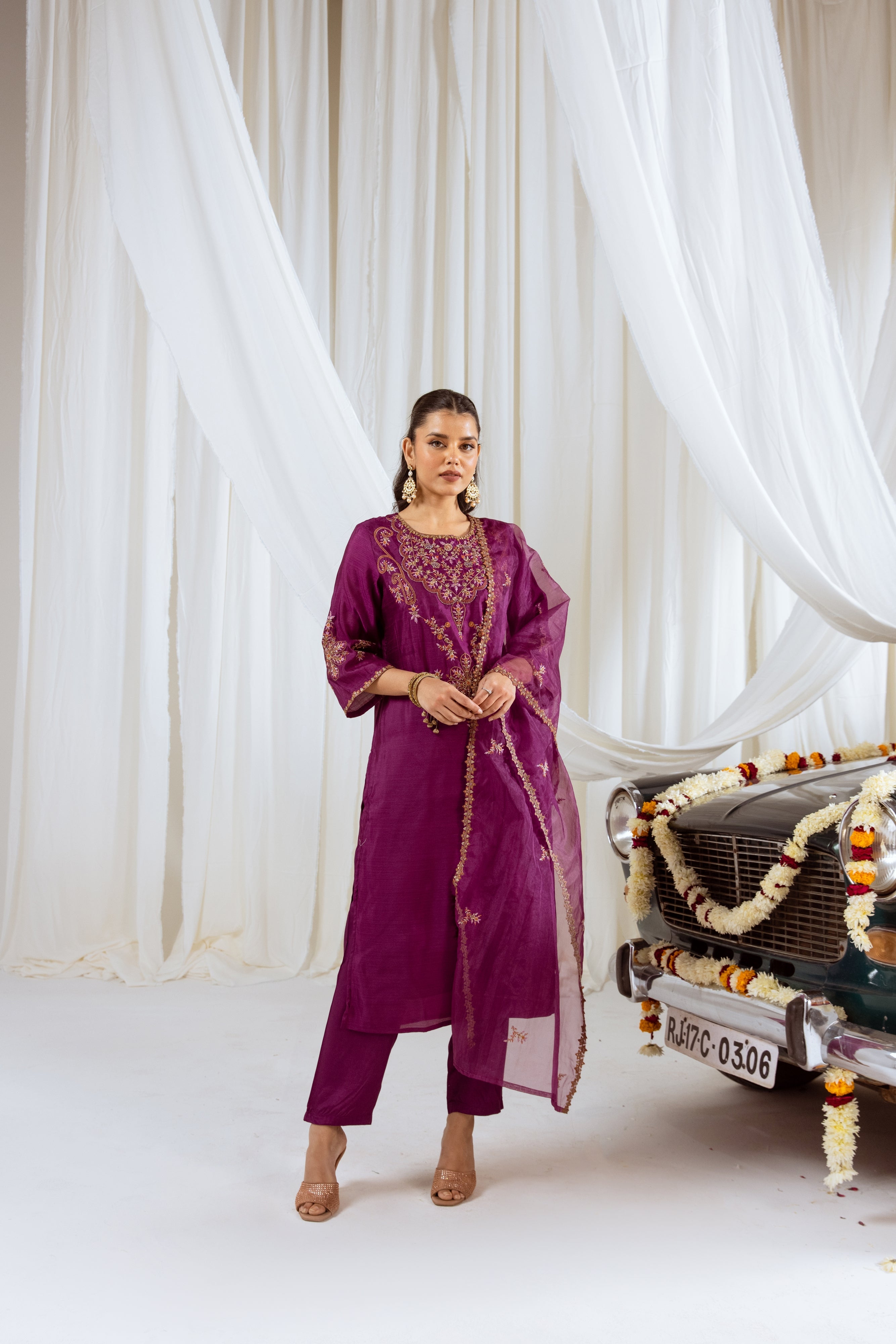 Wine Muslin Silk Kurta Pant and Dupatta Set