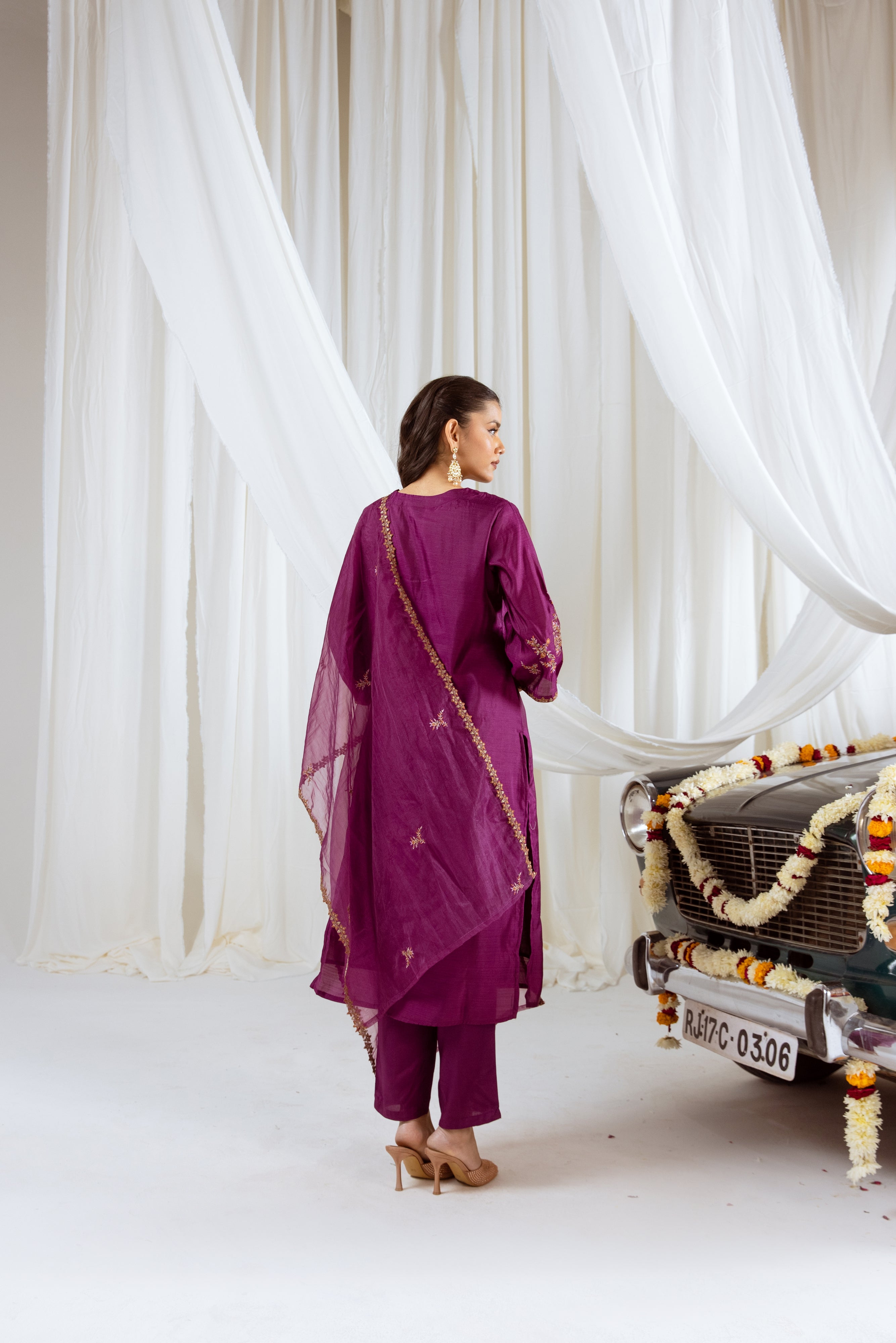 Wine Muslin Silk Kurta Pant and Dupatta Set