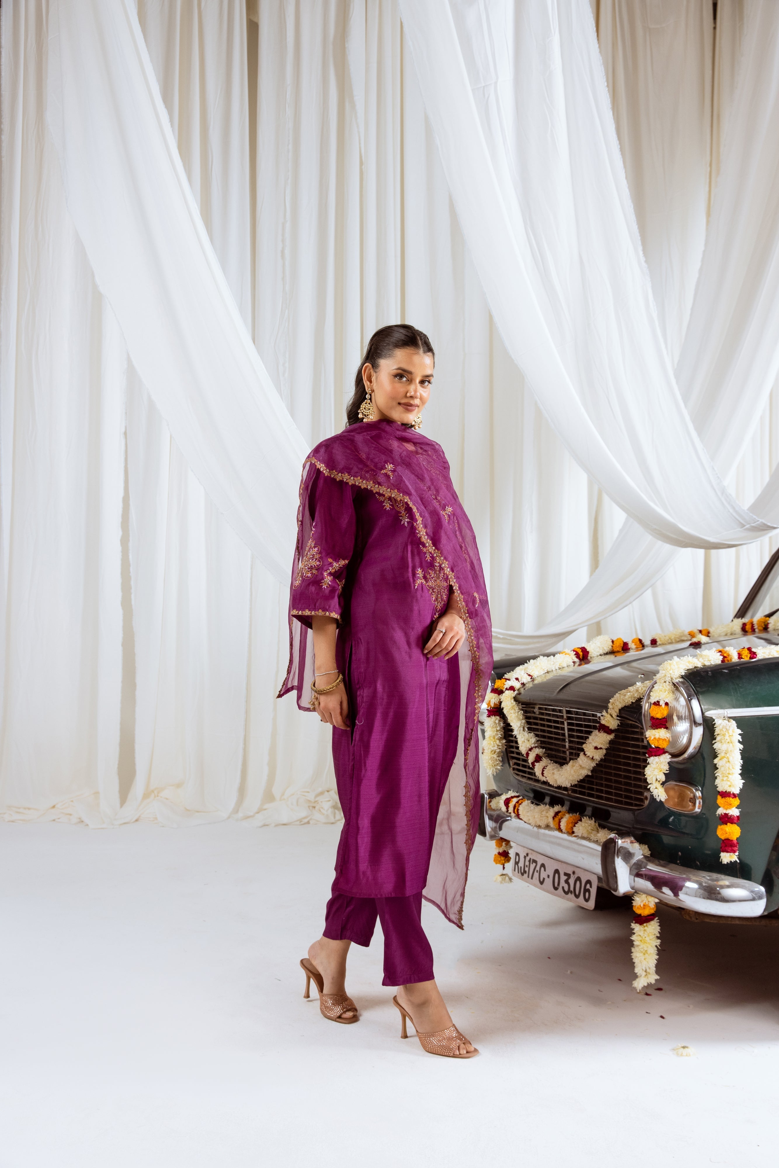 Wine Muslin Silk Kurta Pant and Dupatta Set