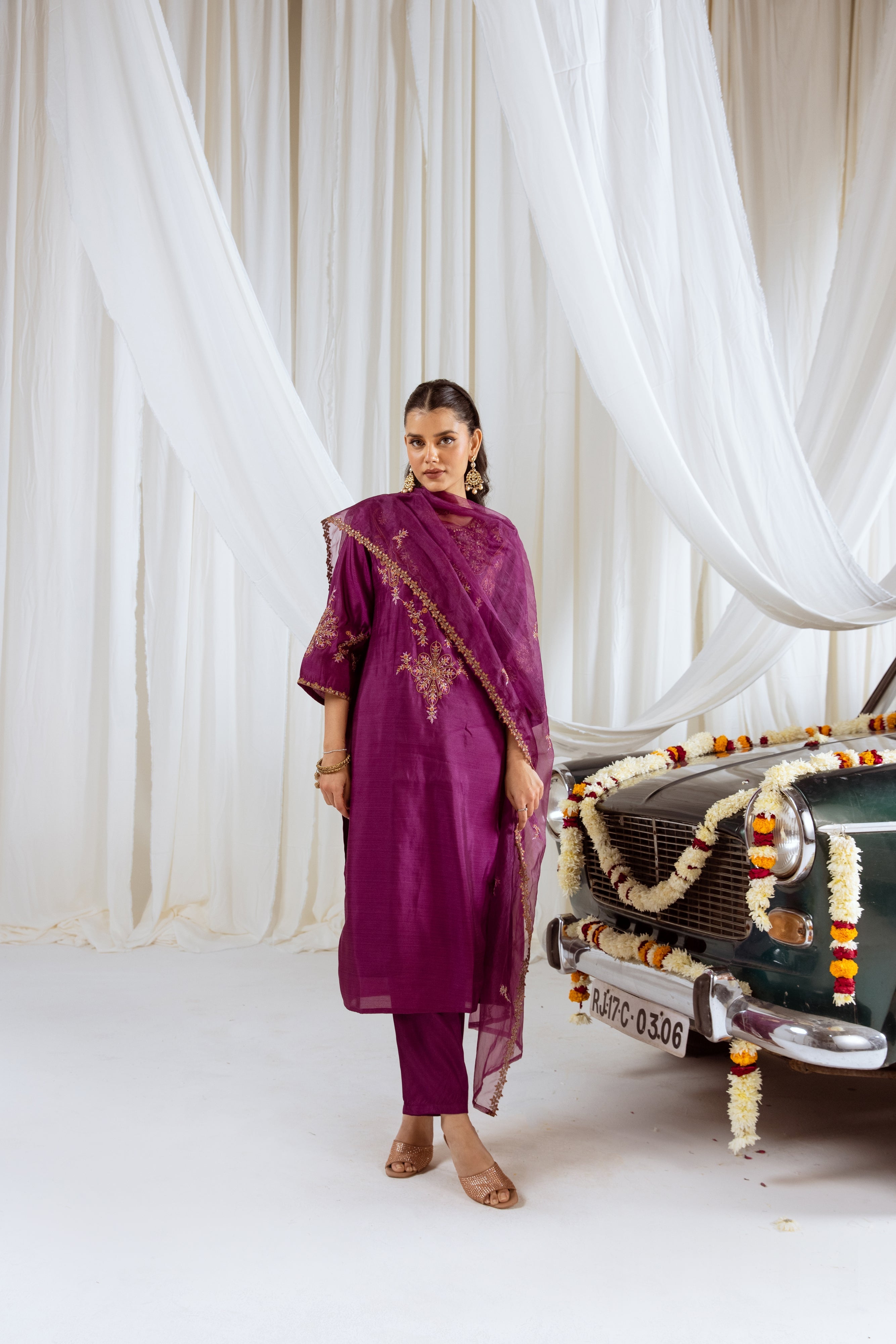 Wine Muslin Silk Kurta Pant and Dupatta Set