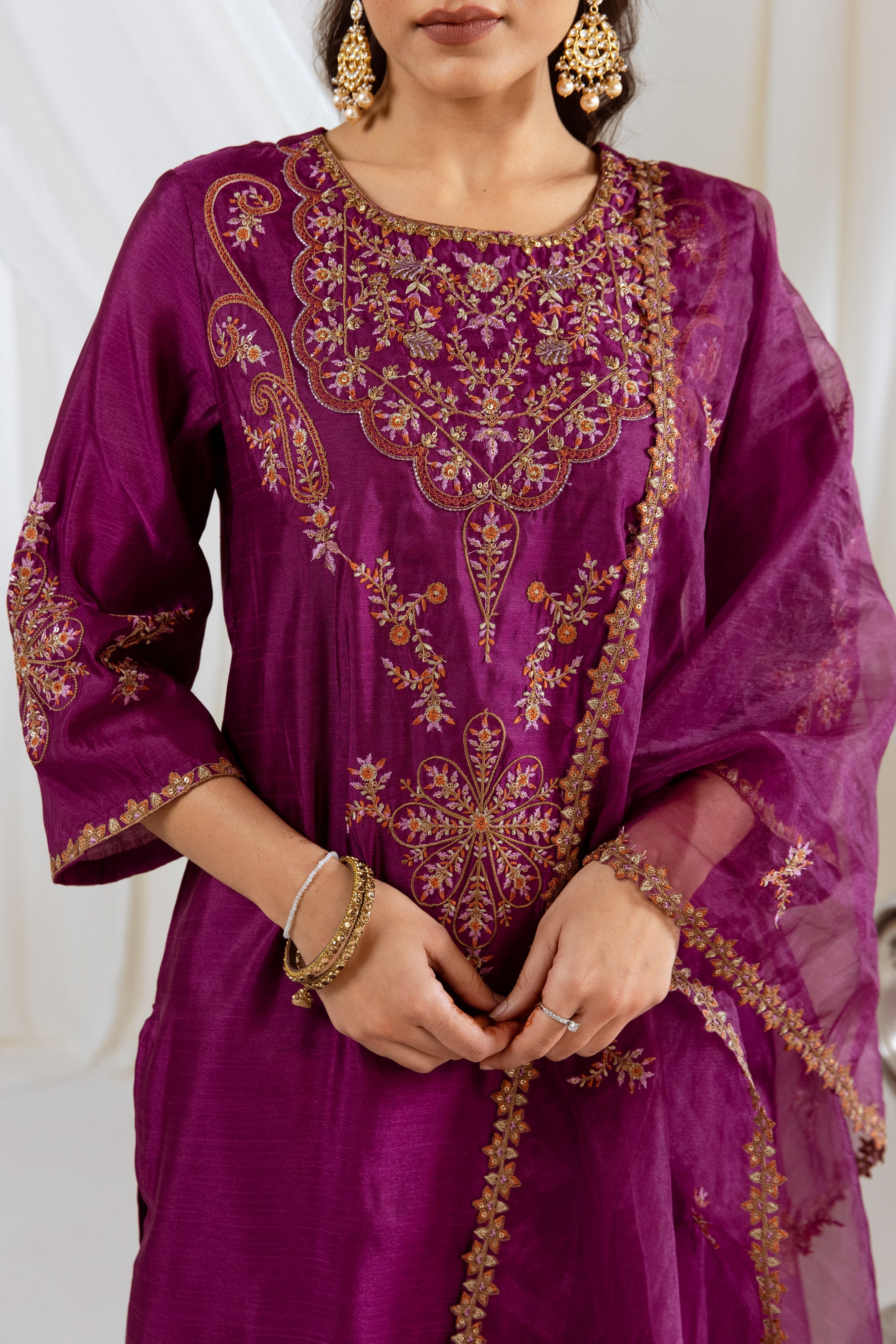 Wine Muslin Silk Kurta Pant and Dupatta Set