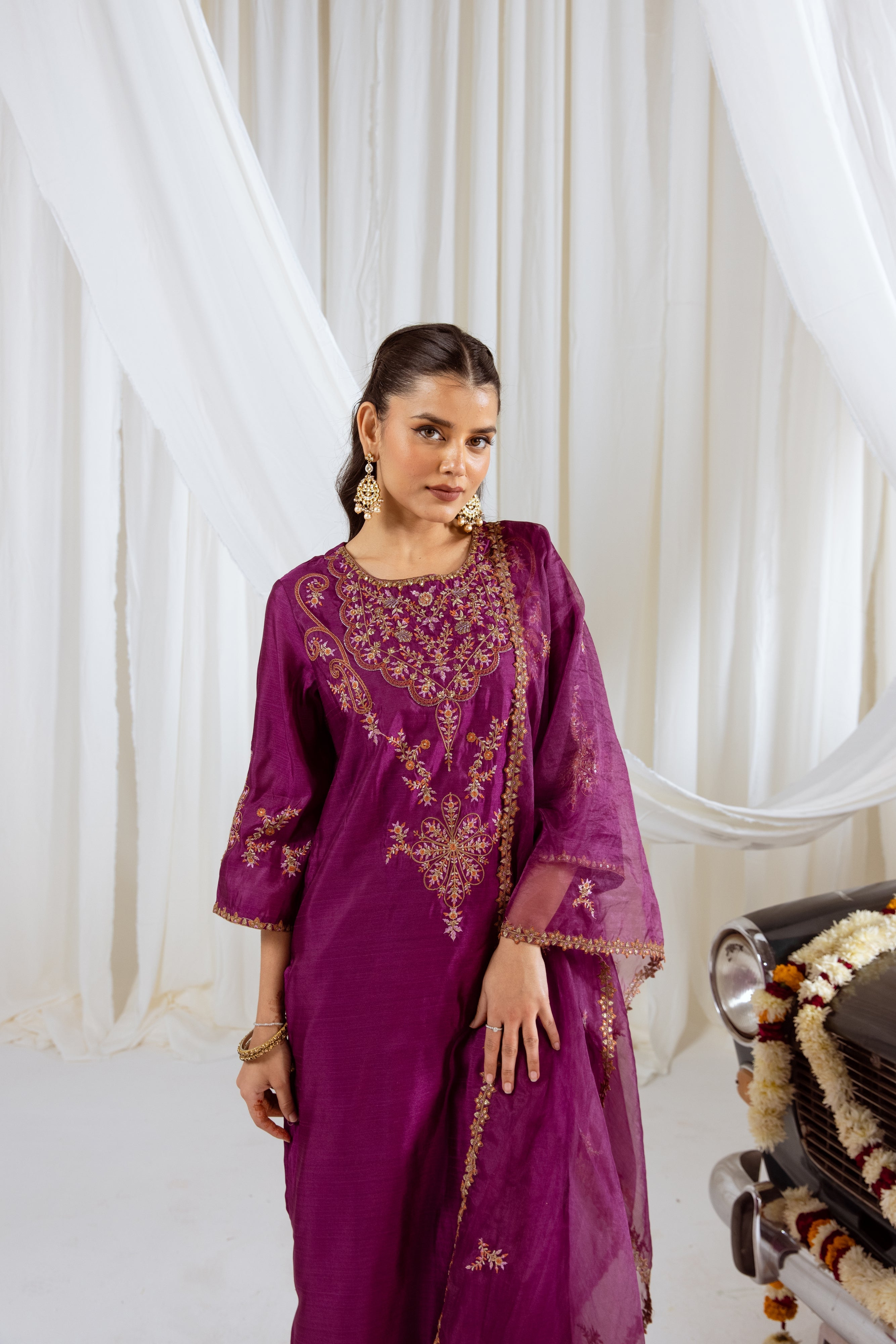 Wine Muslin Silk Kurta Pant and Dupatta Set