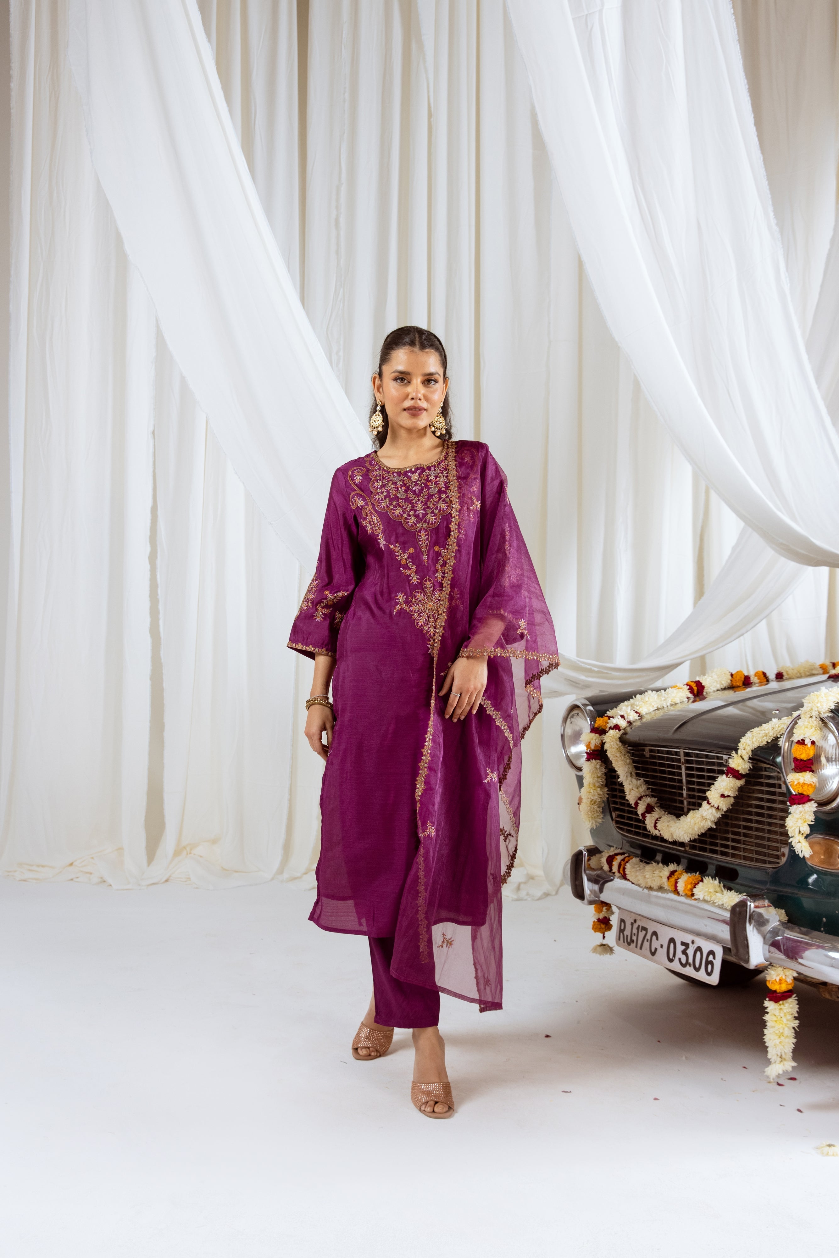 Wine Muslin Silk Kurta Pant and Dupatta Set