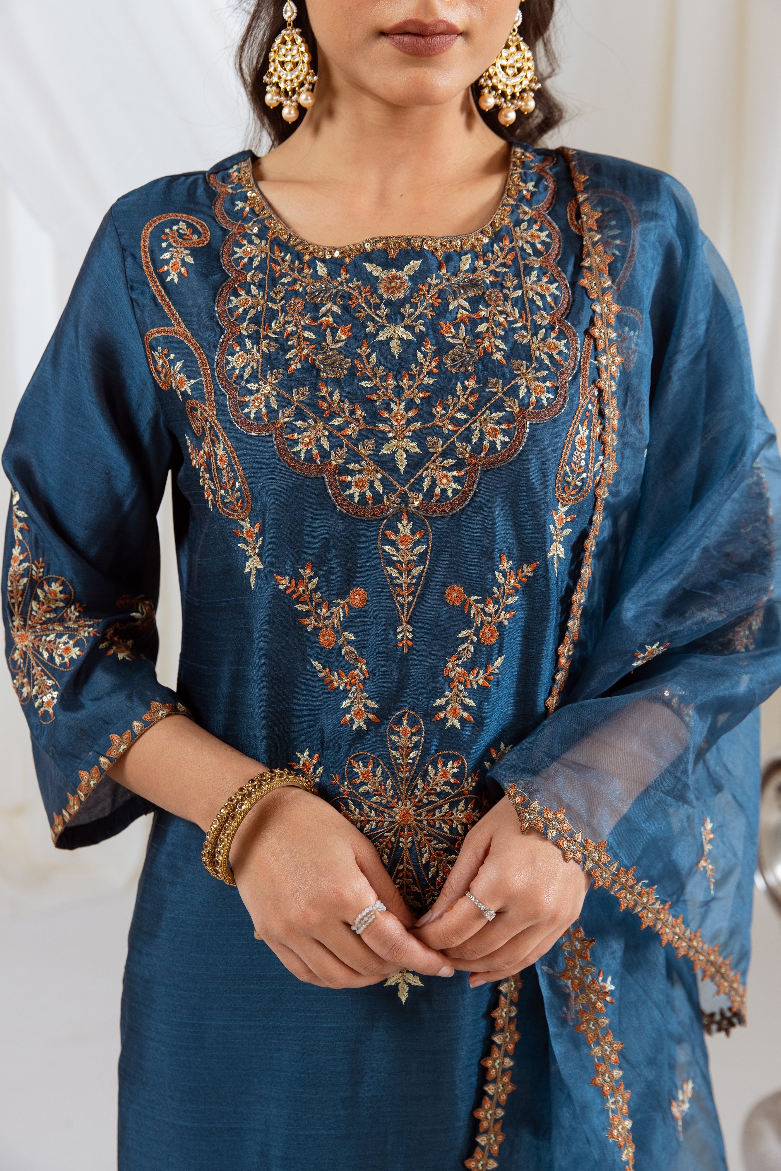 Crystal Teal Muslin Silk Kurta Pant and Dupatta Set