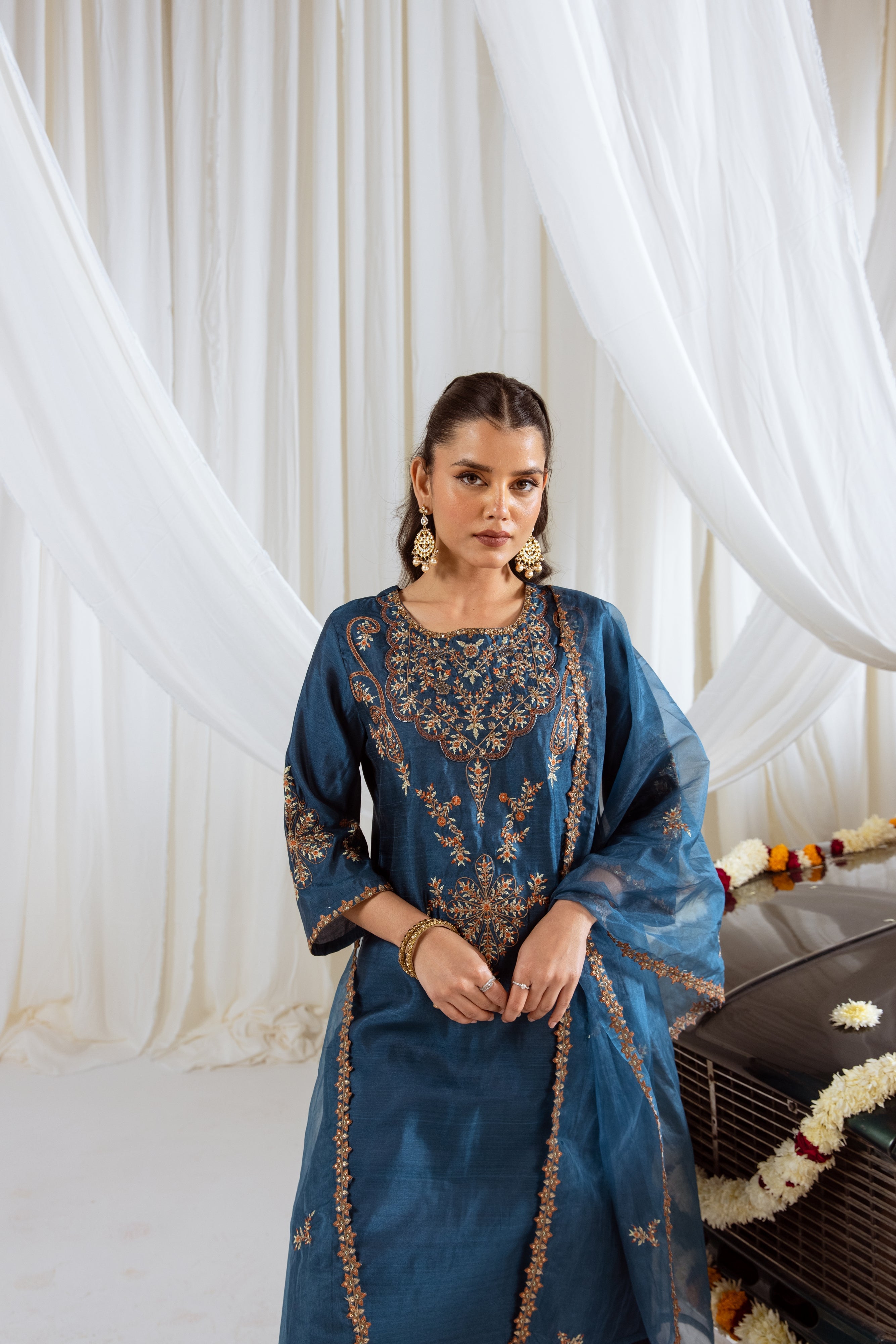 Crystal Teal Muslin Silk Kurta Pant and Dupatta Set