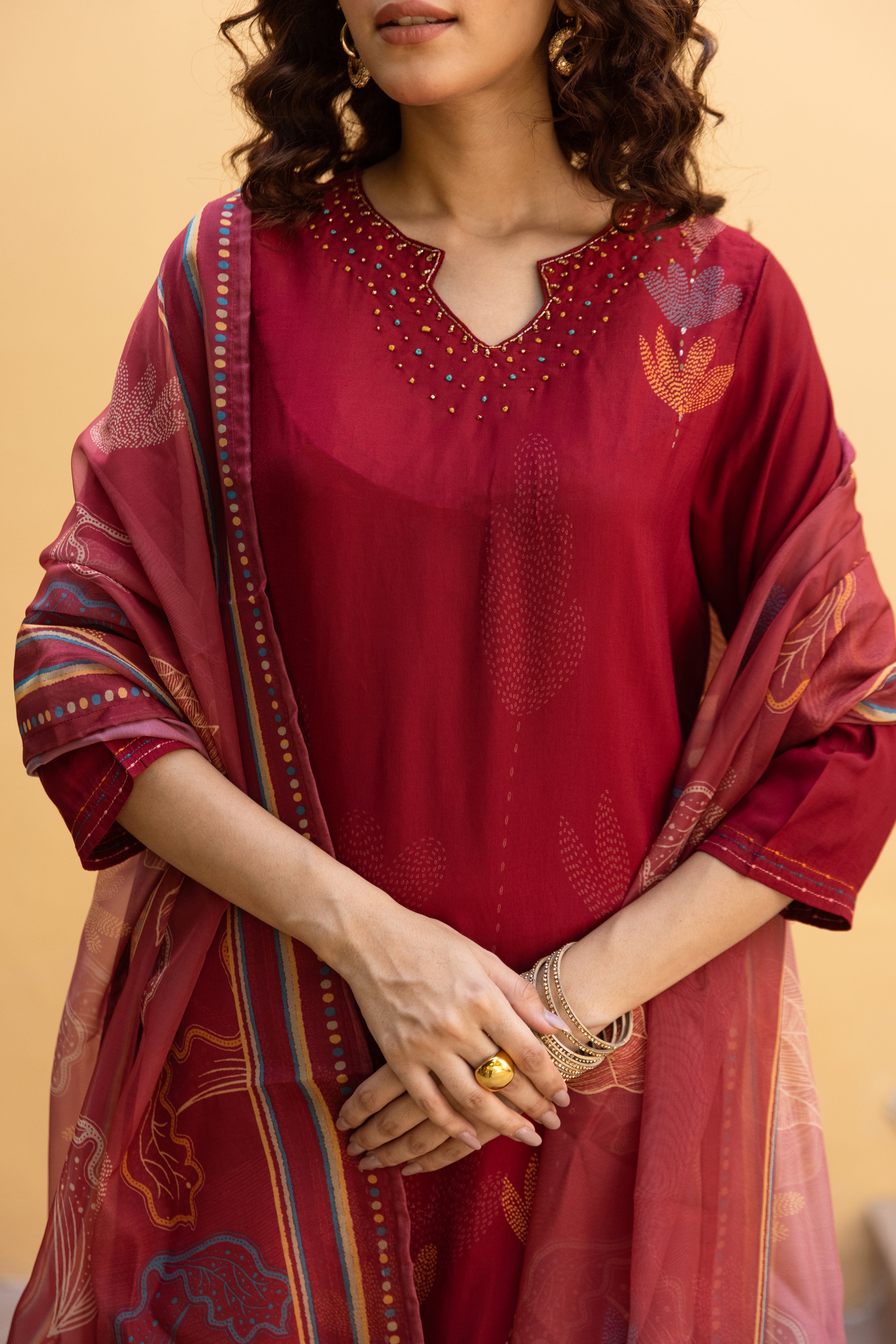 Maroon Viscose Muslin Kurta Pant and Dupatta Set