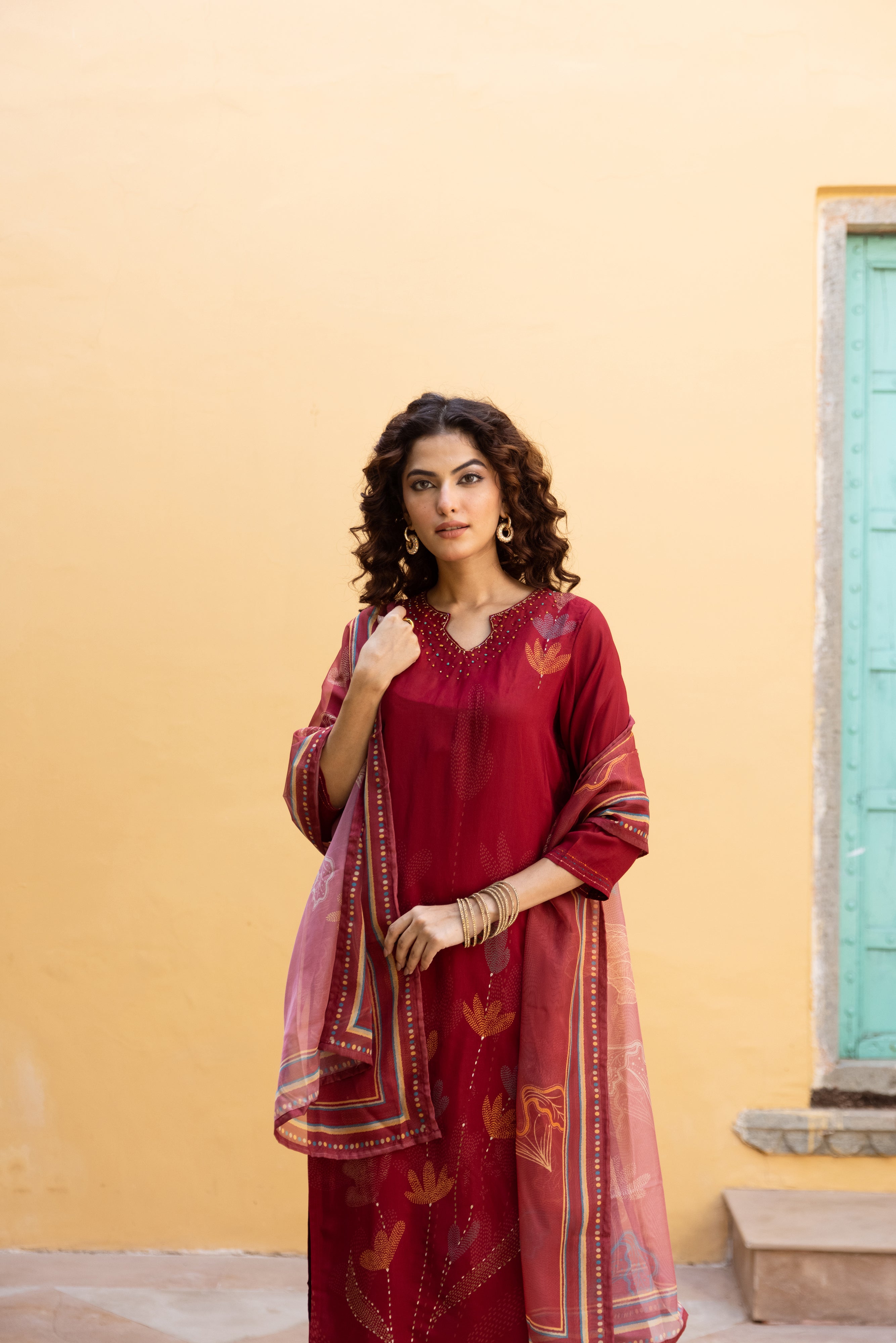 Maroon Viscose Muslin Kurta Pant and Dupatta Set