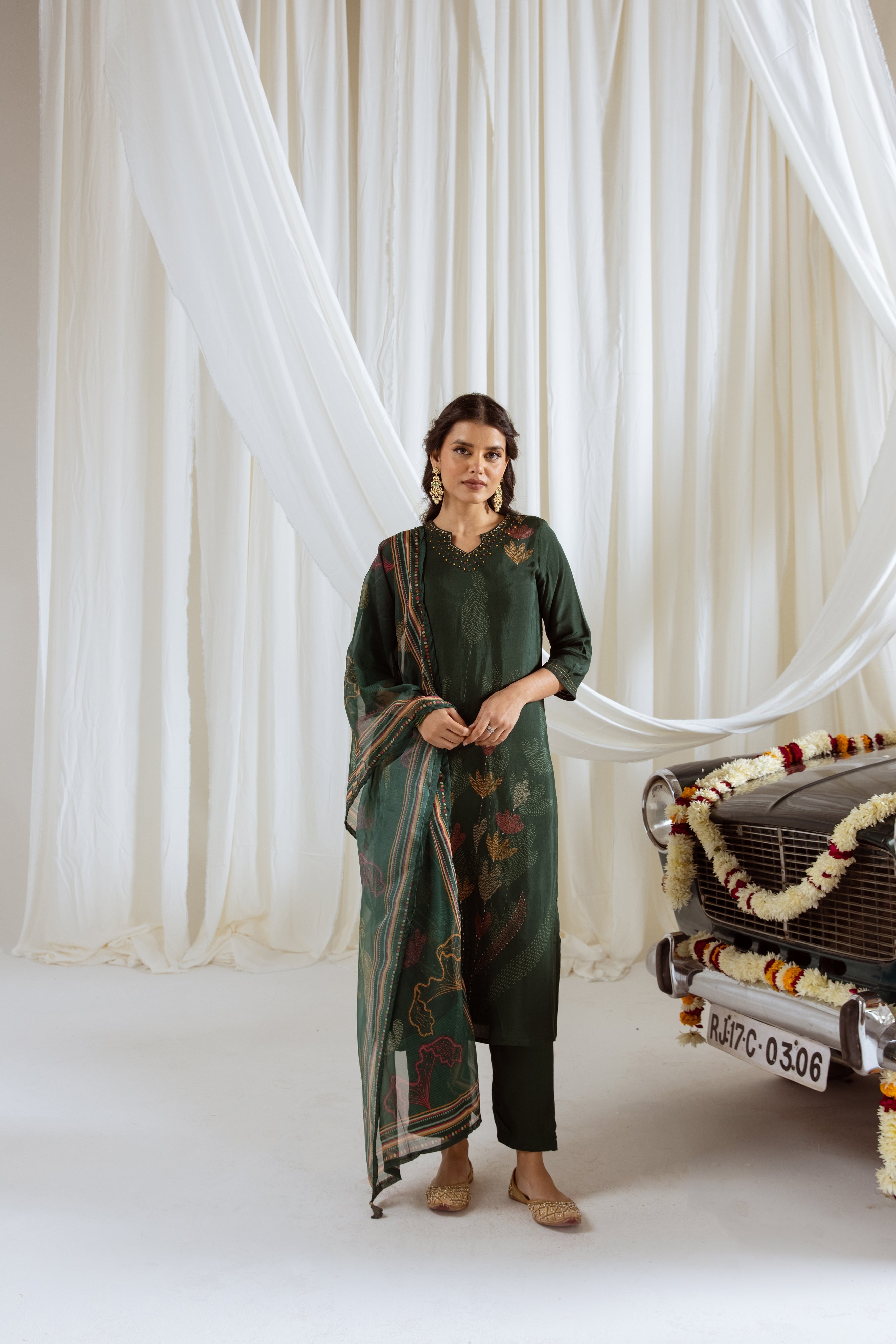 Rama Green Viscose Muslin Kurta Pant and Dupatta Set