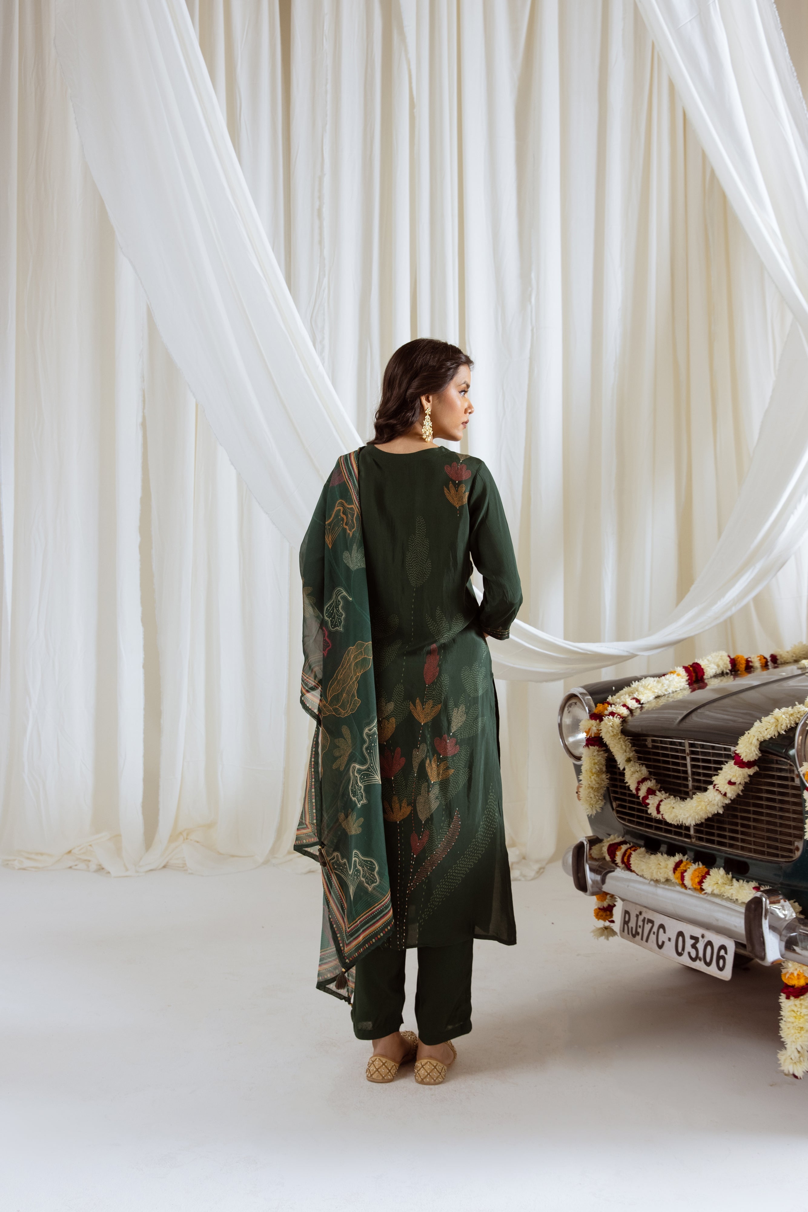Rama Green Viscose Muslin Kurta Pant and Dupatta Set