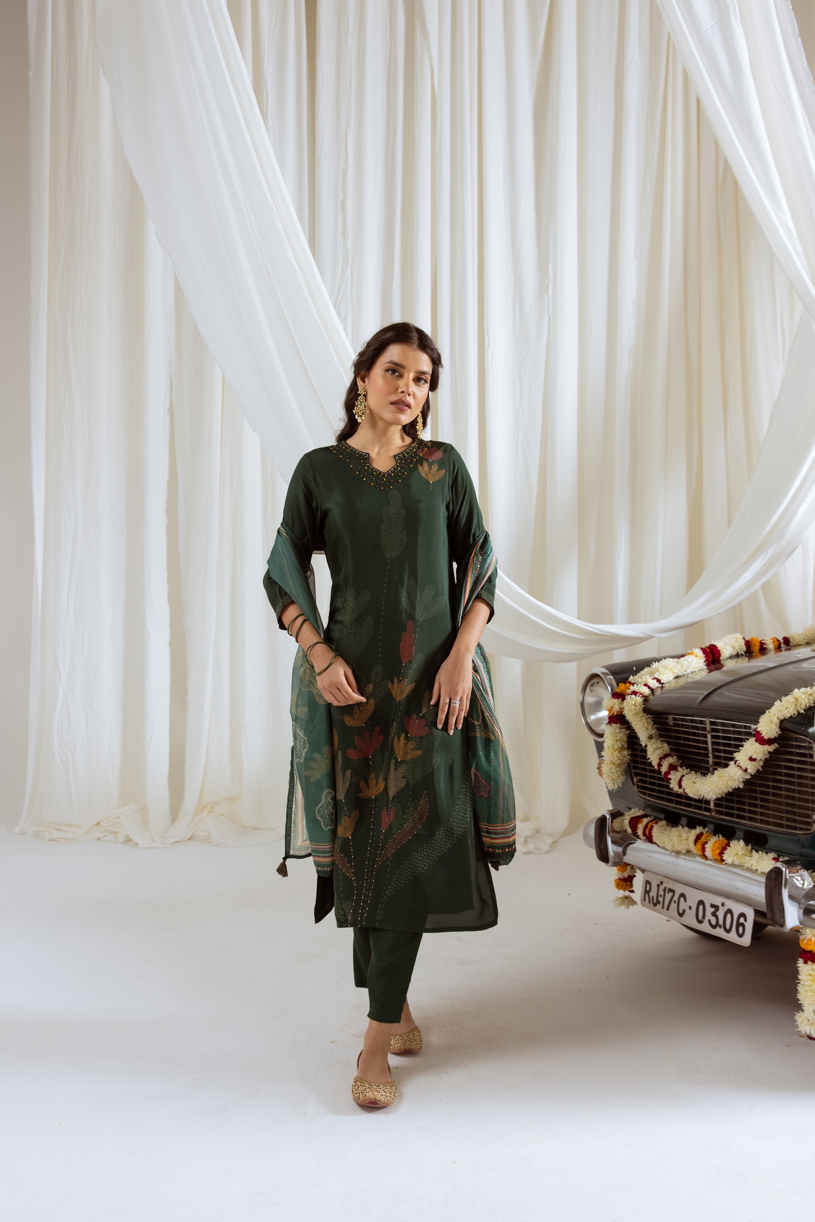 Rama Green Viscose Muslin Kurta Pant and Dupatta Set