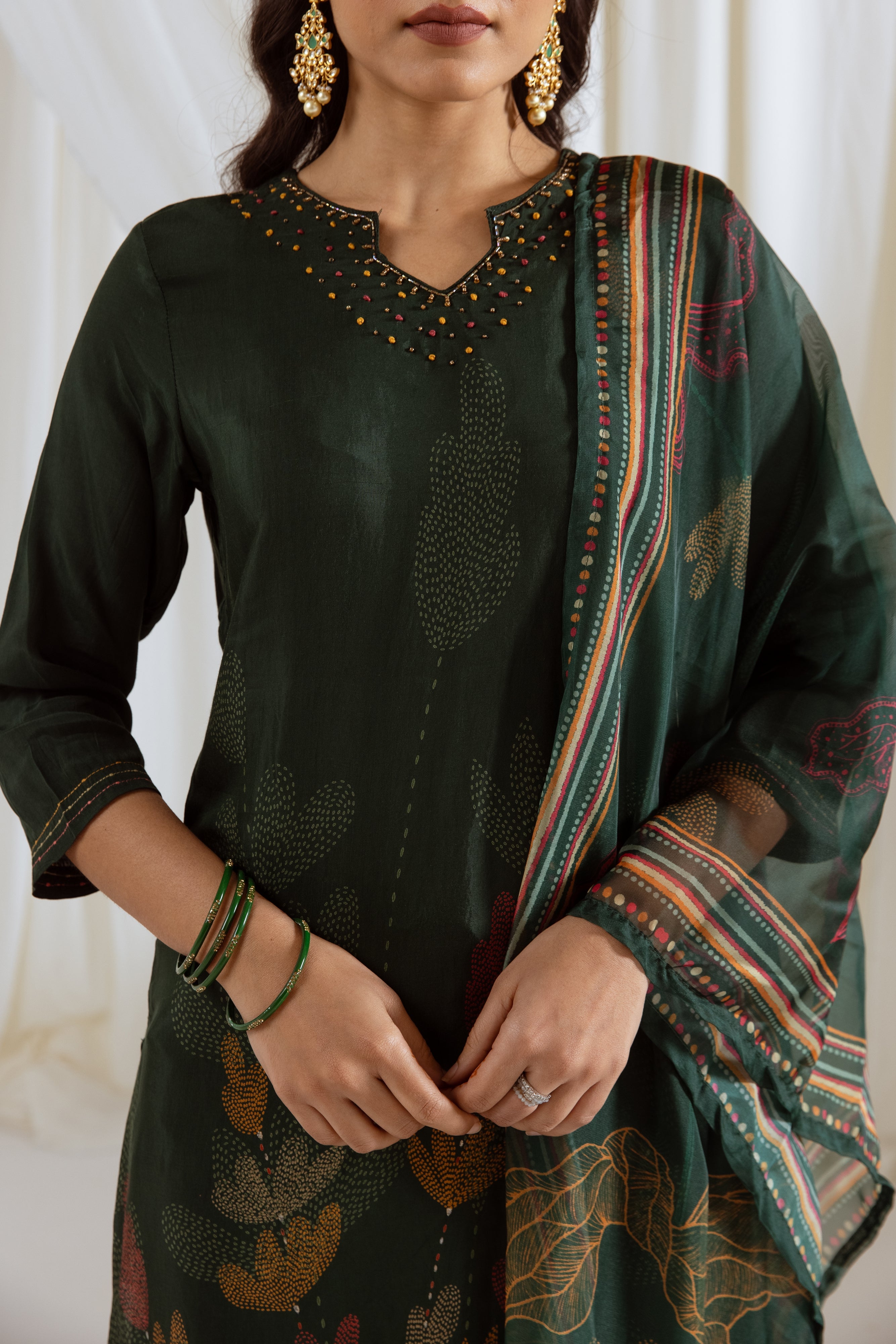 Rama Green Viscose Muslin Kurta Pant and Dupatta Set