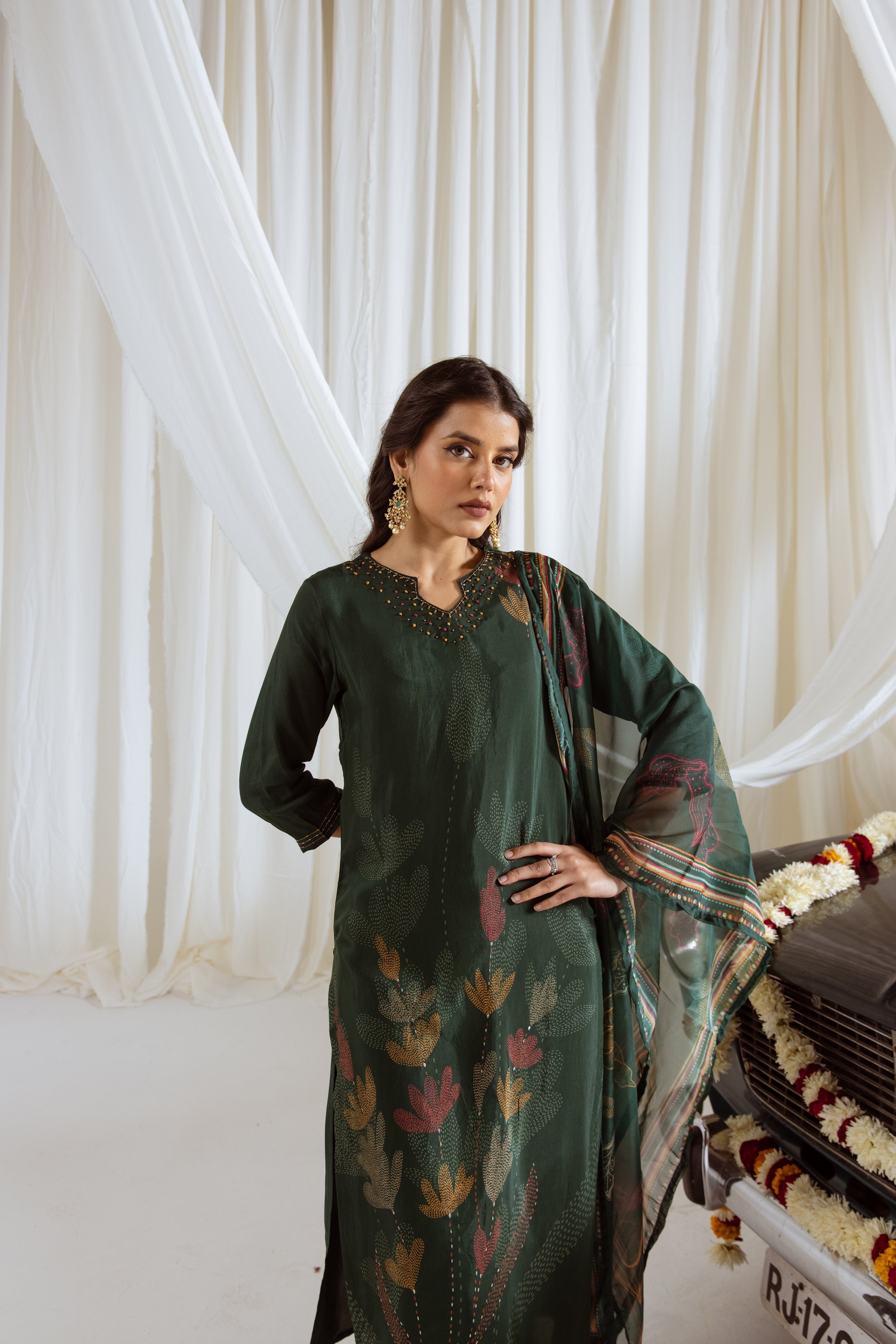 Rama Green Viscose Muslin Kurta Pant and Dupatta Set