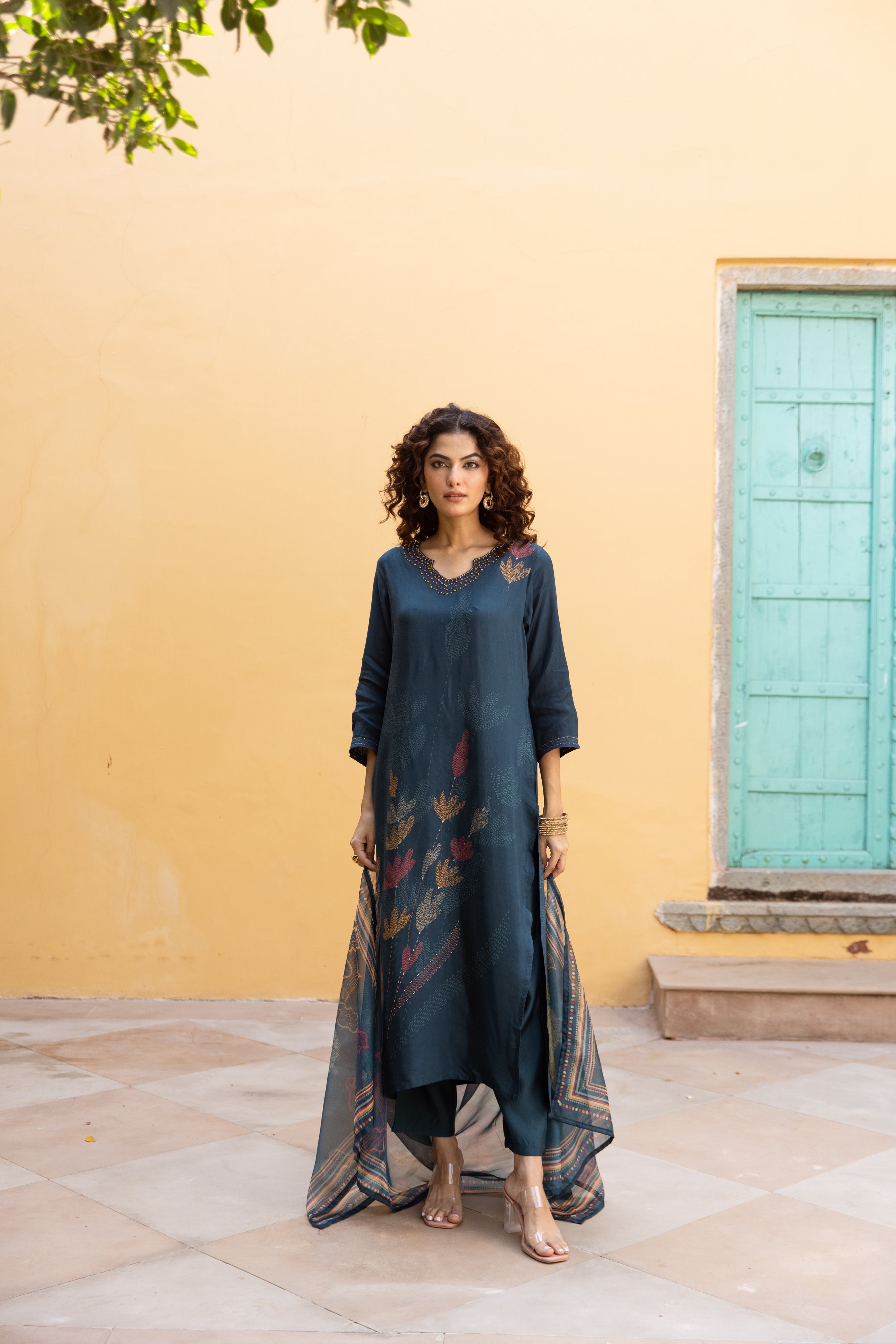 Teal Viscose Muslin Kurta Pant and Dupatta Set