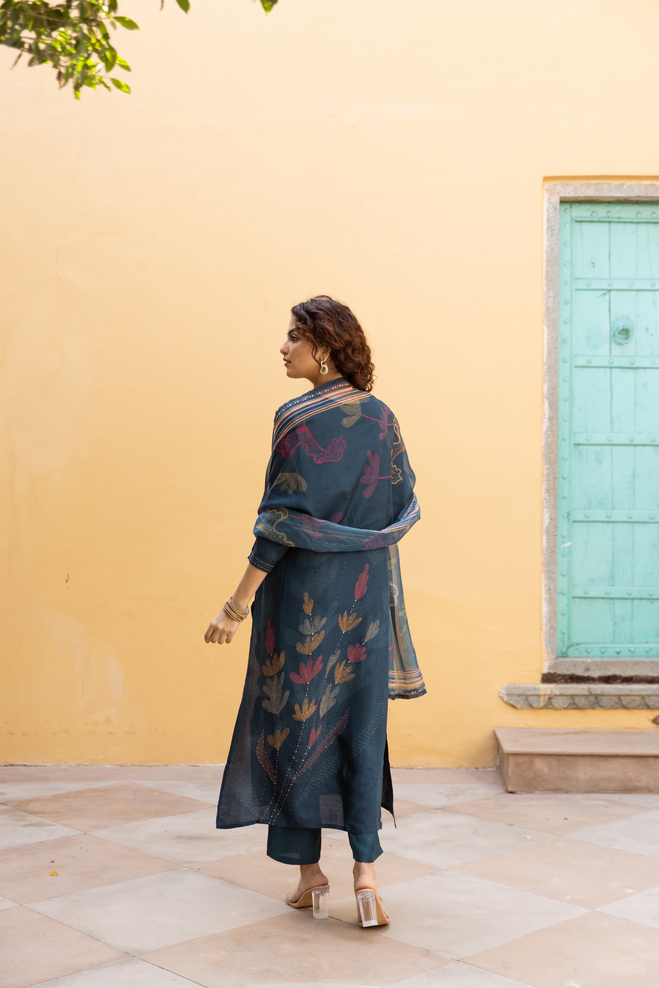 Teal Viscose Muslin Kurta Pant and Dupatta Set