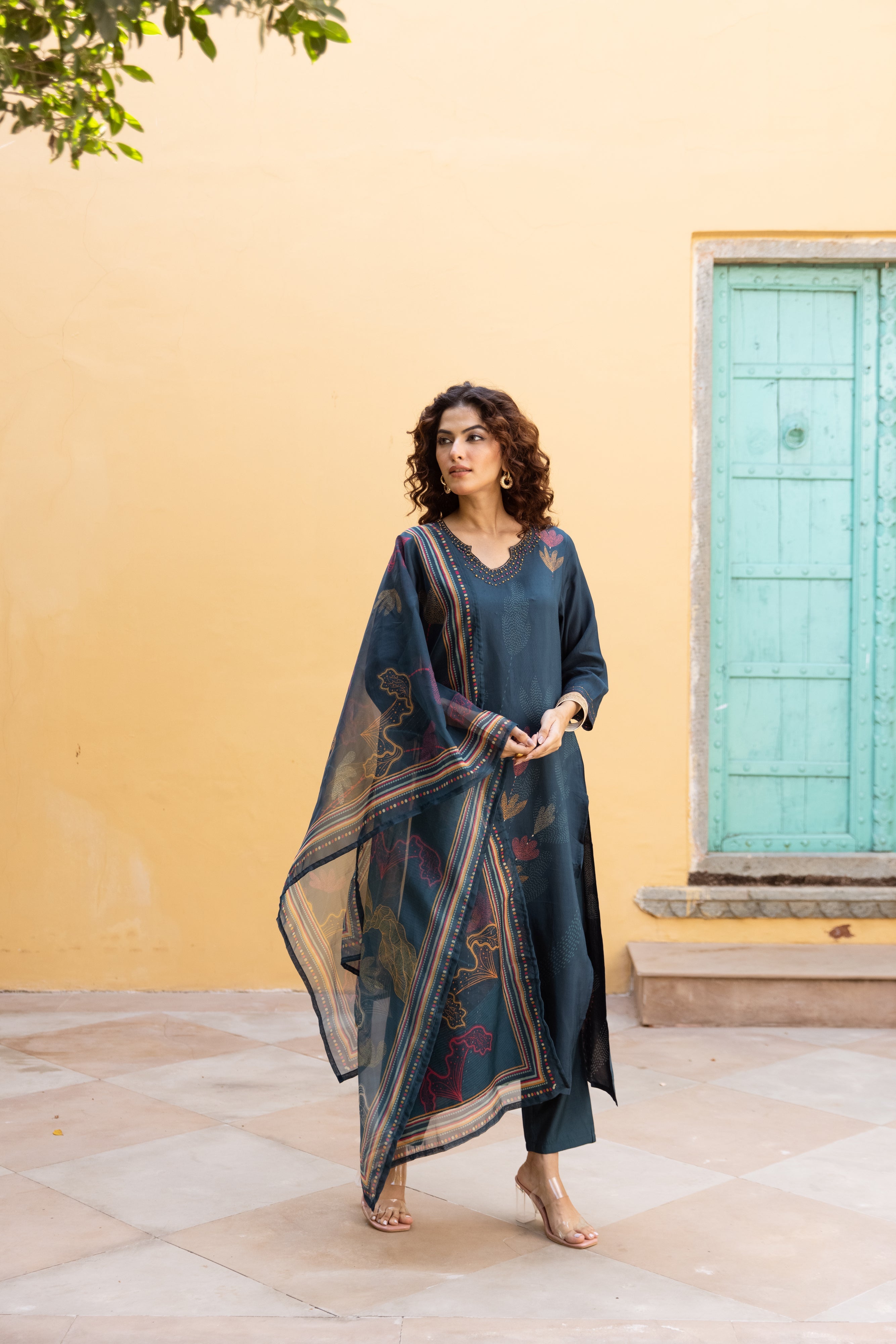 Teal Viscose Muslin Kurta Pant and Dupatta Set