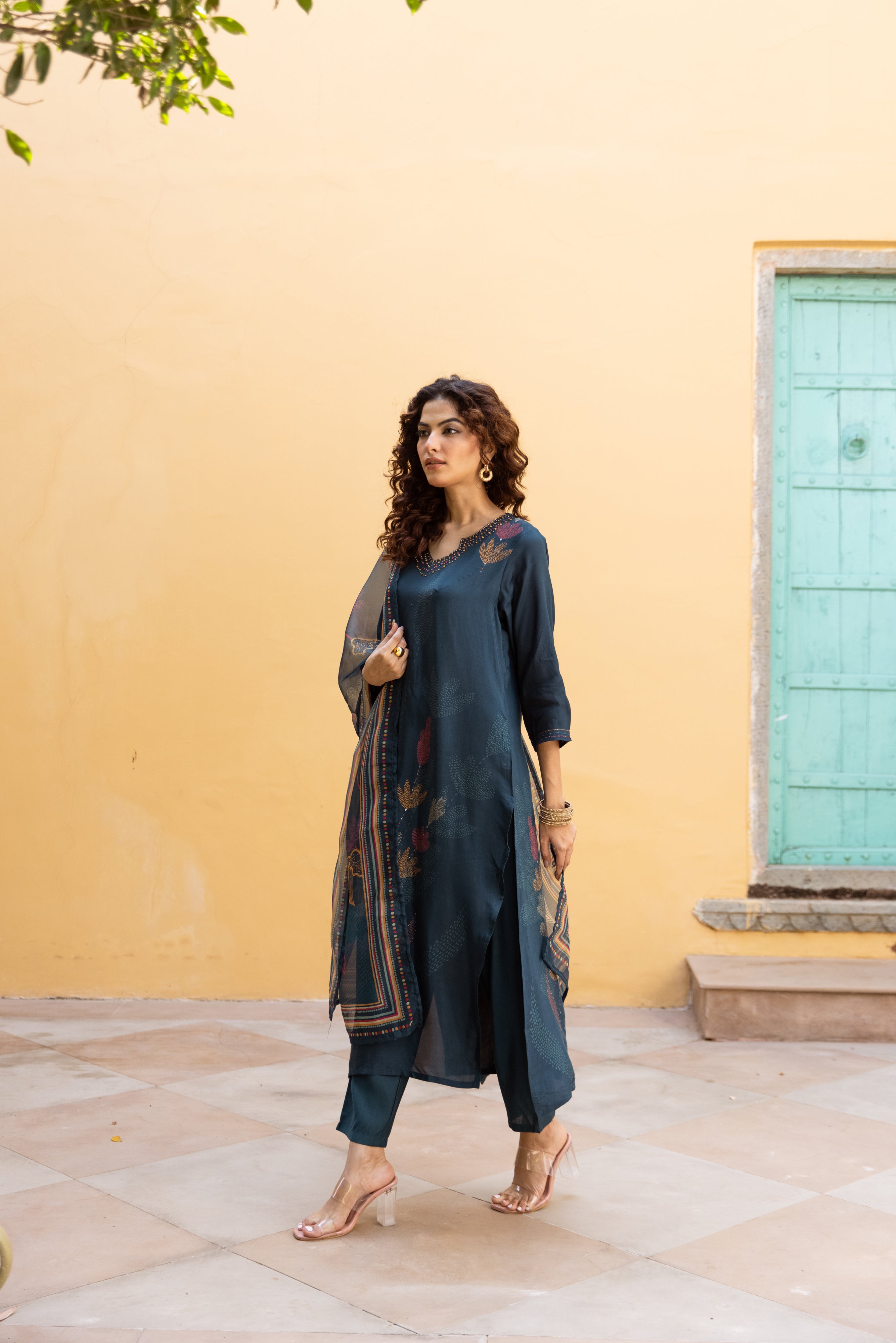 Teal Viscose Muslin Kurta Pant and Dupatta Set