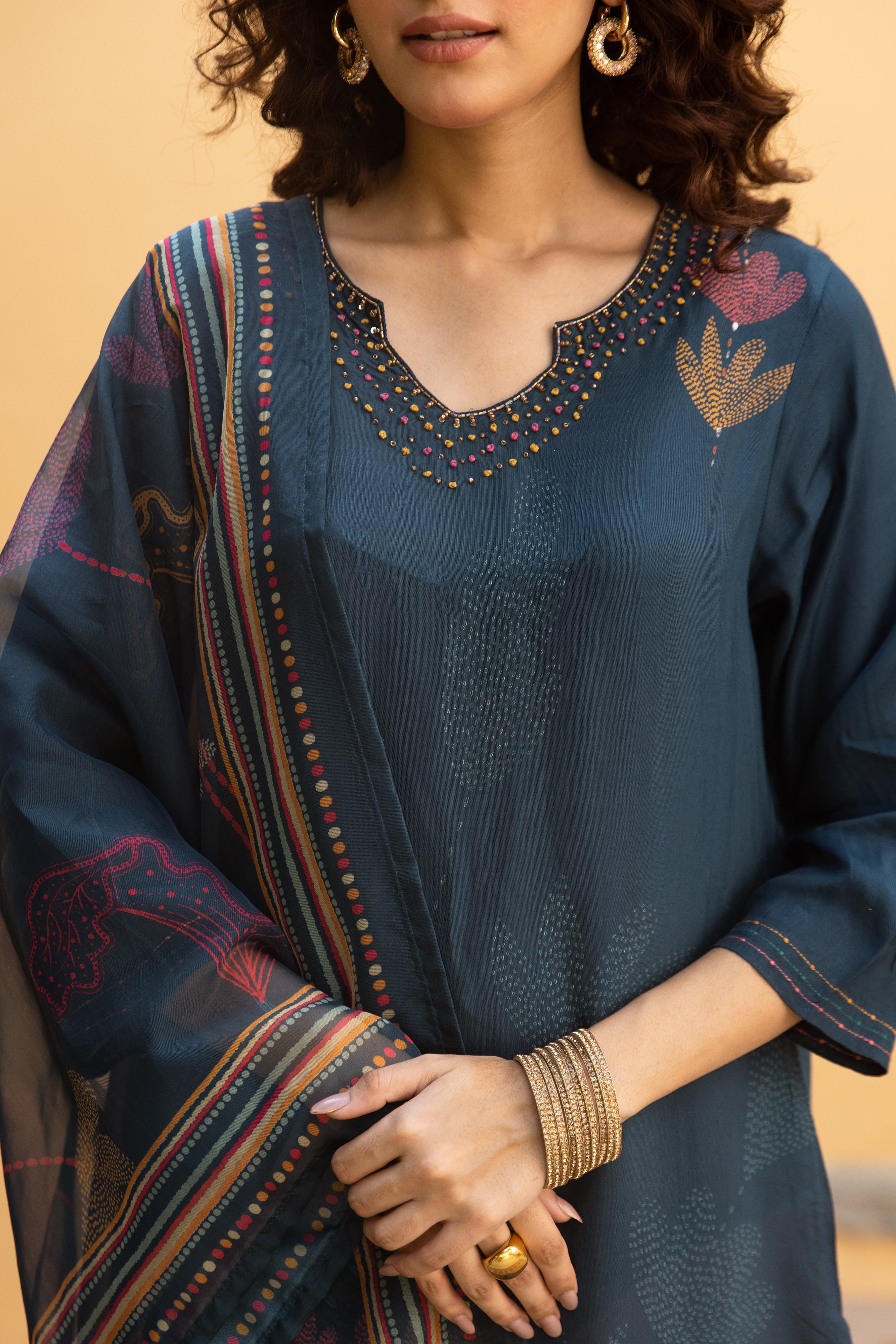 Teal Viscose Muslin Kurta Pant and Dupatta Set