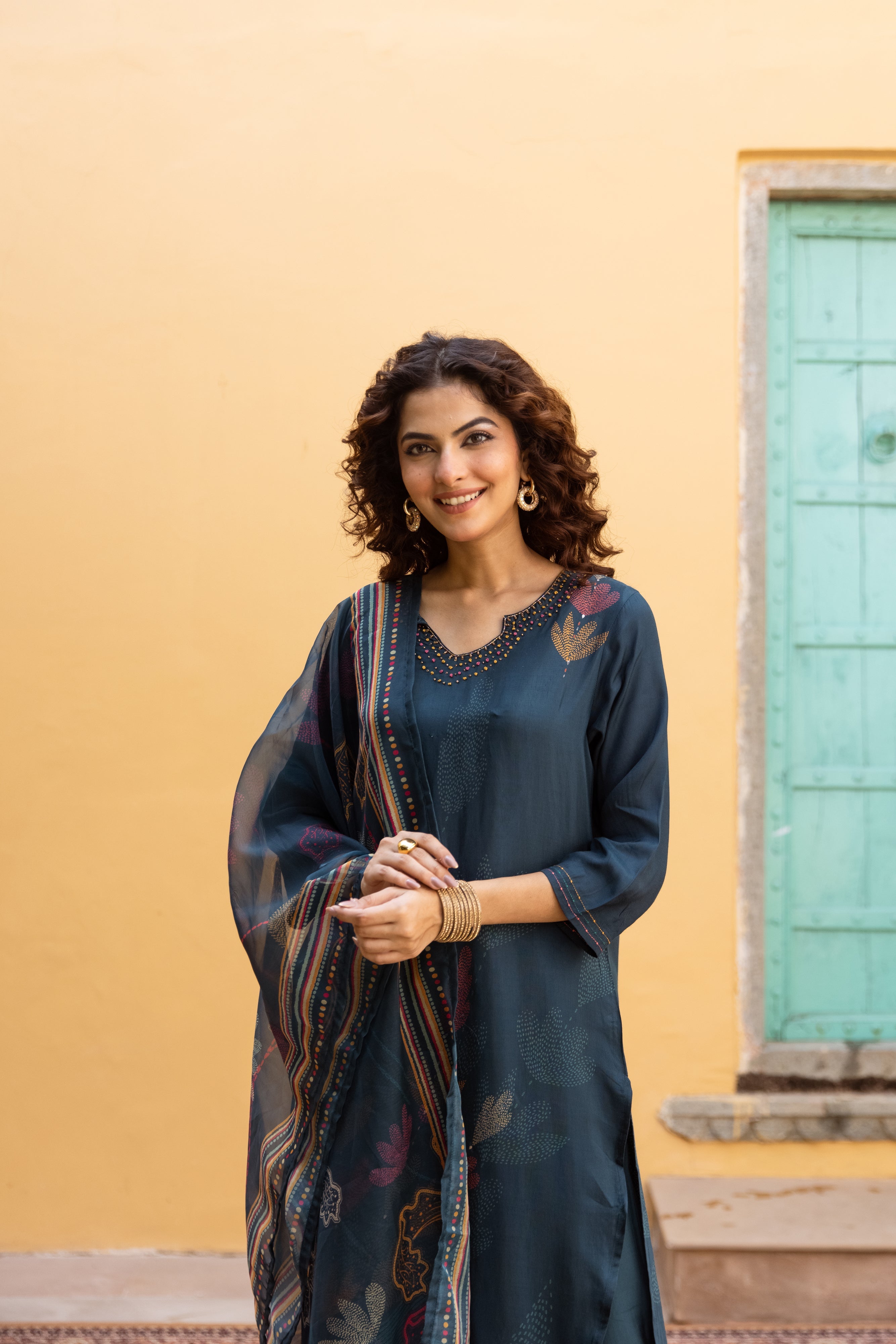 Teal Viscose Muslin Kurta Pant and Dupatta Set