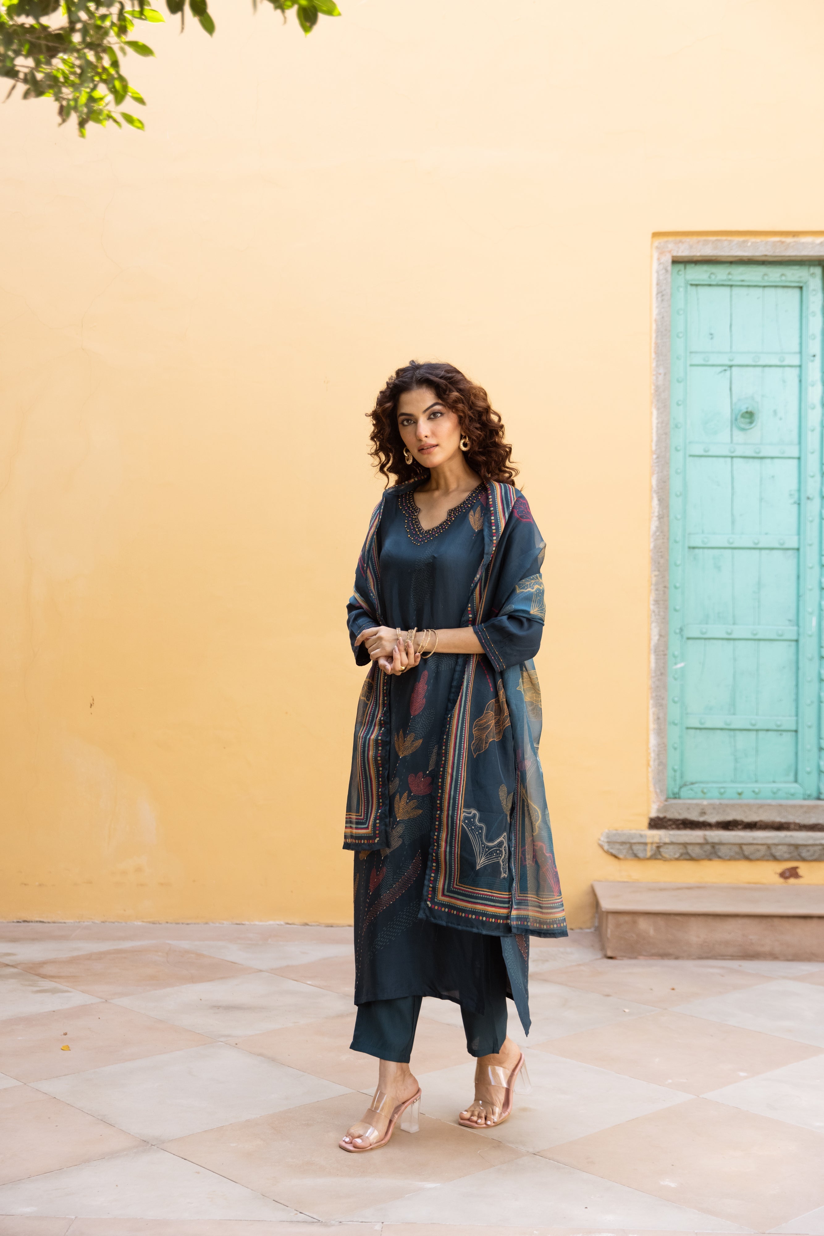 Teal Viscose Muslin Kurta Pant and Dupatta Set