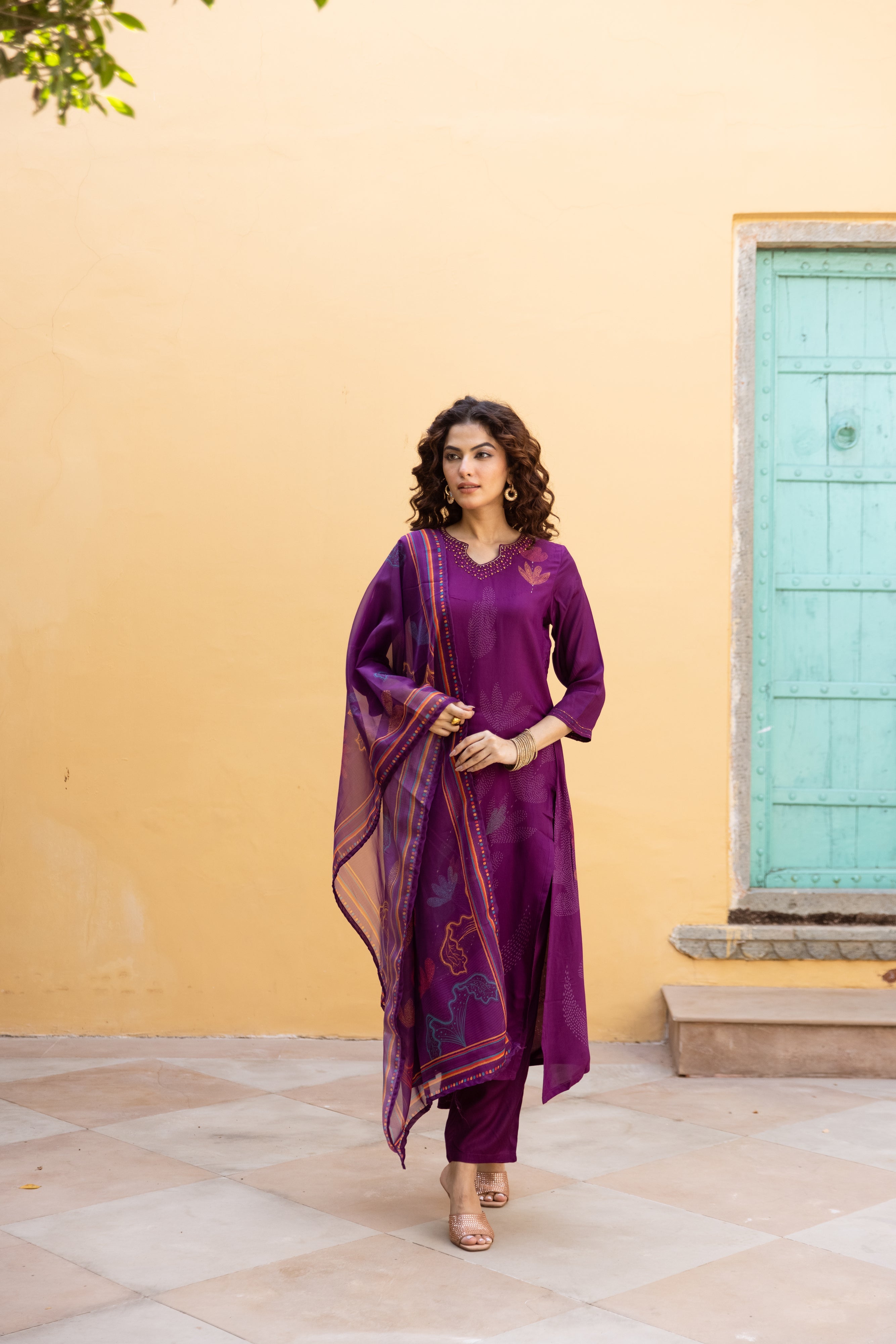 Purple Viscose Muslin Kurta Pant and Dupatta Set