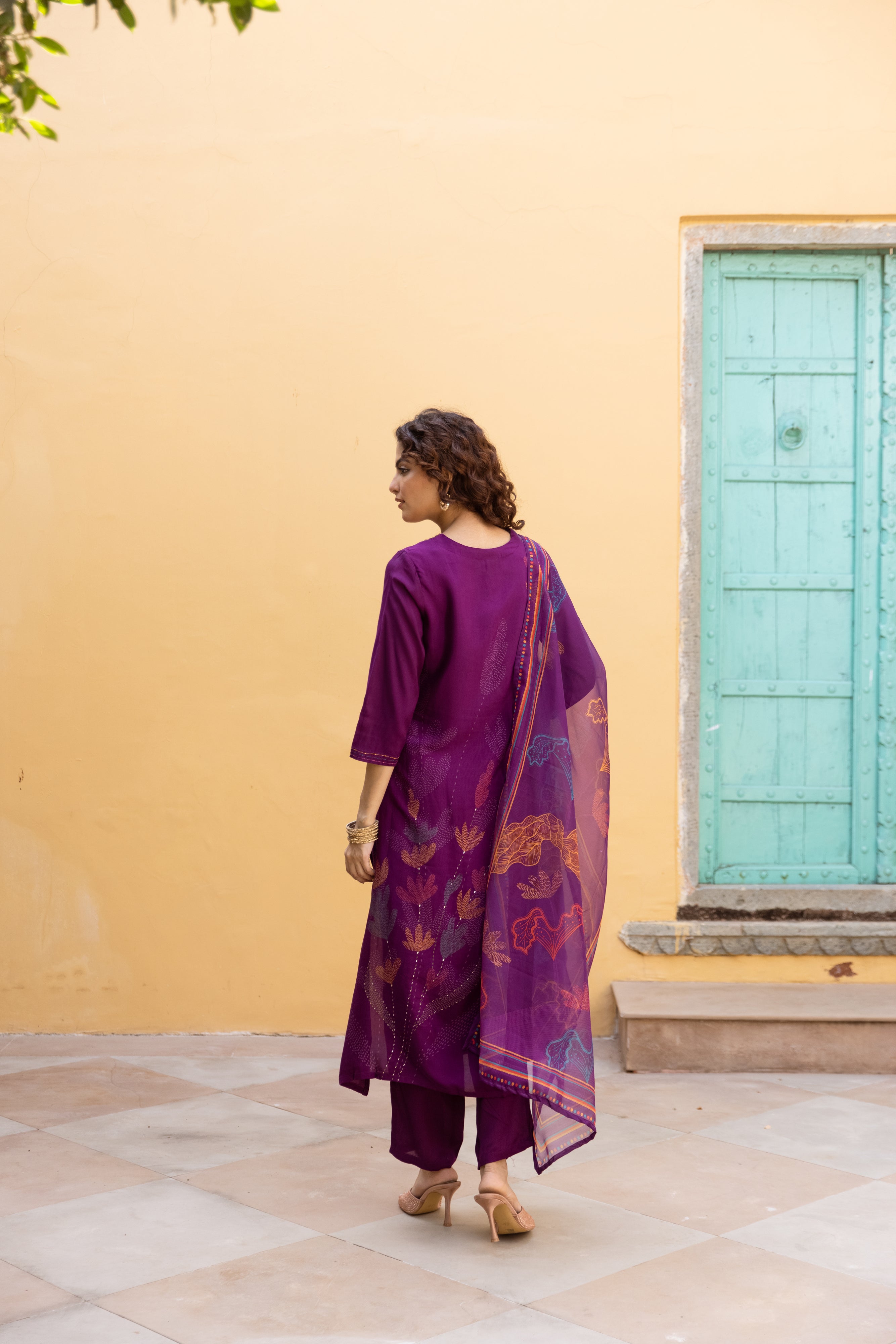 Purple Viscose Muslin Kurta Pant and Dupatta Set