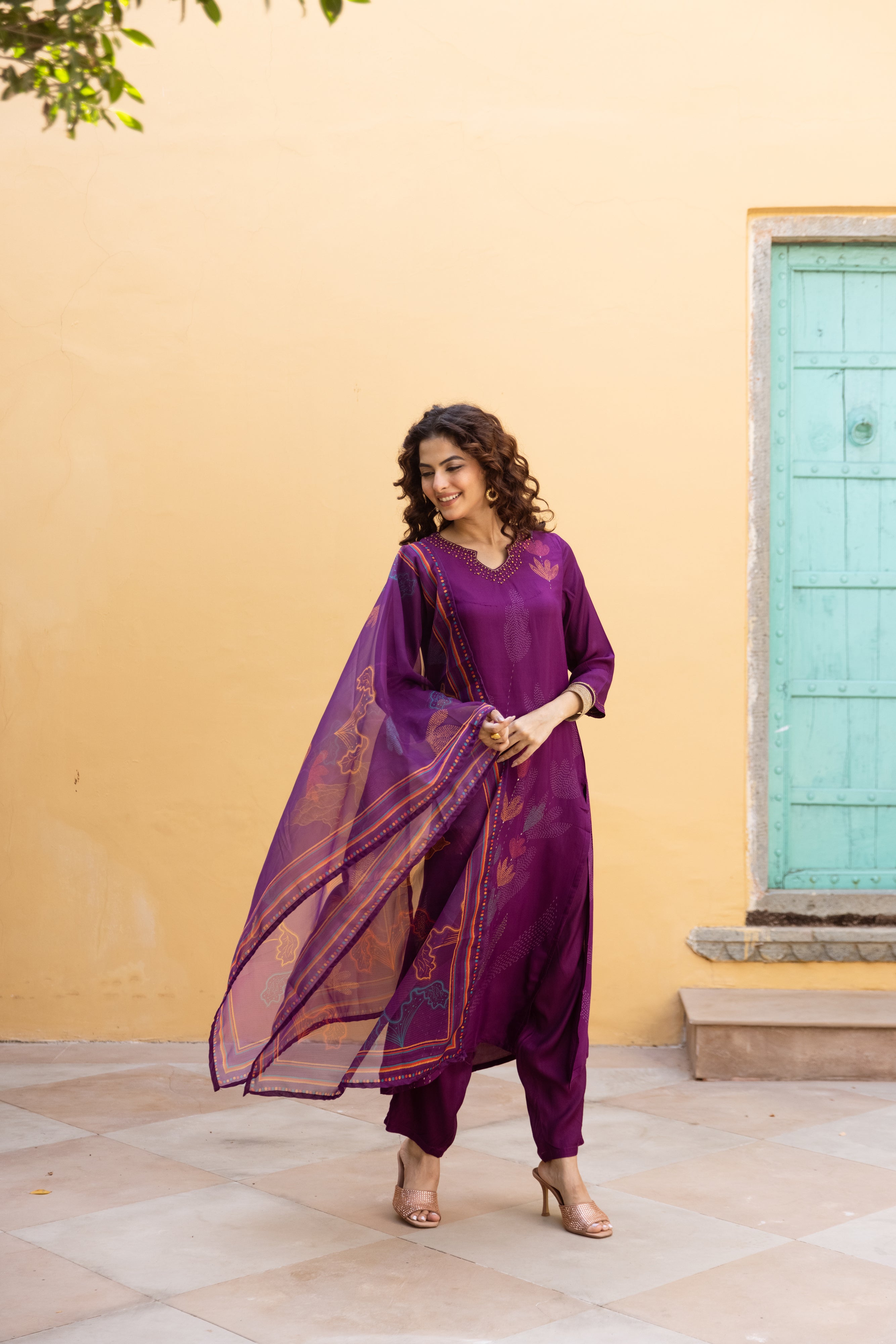 Purple Viscose Muslin Kurta Pant and Dupatta Set