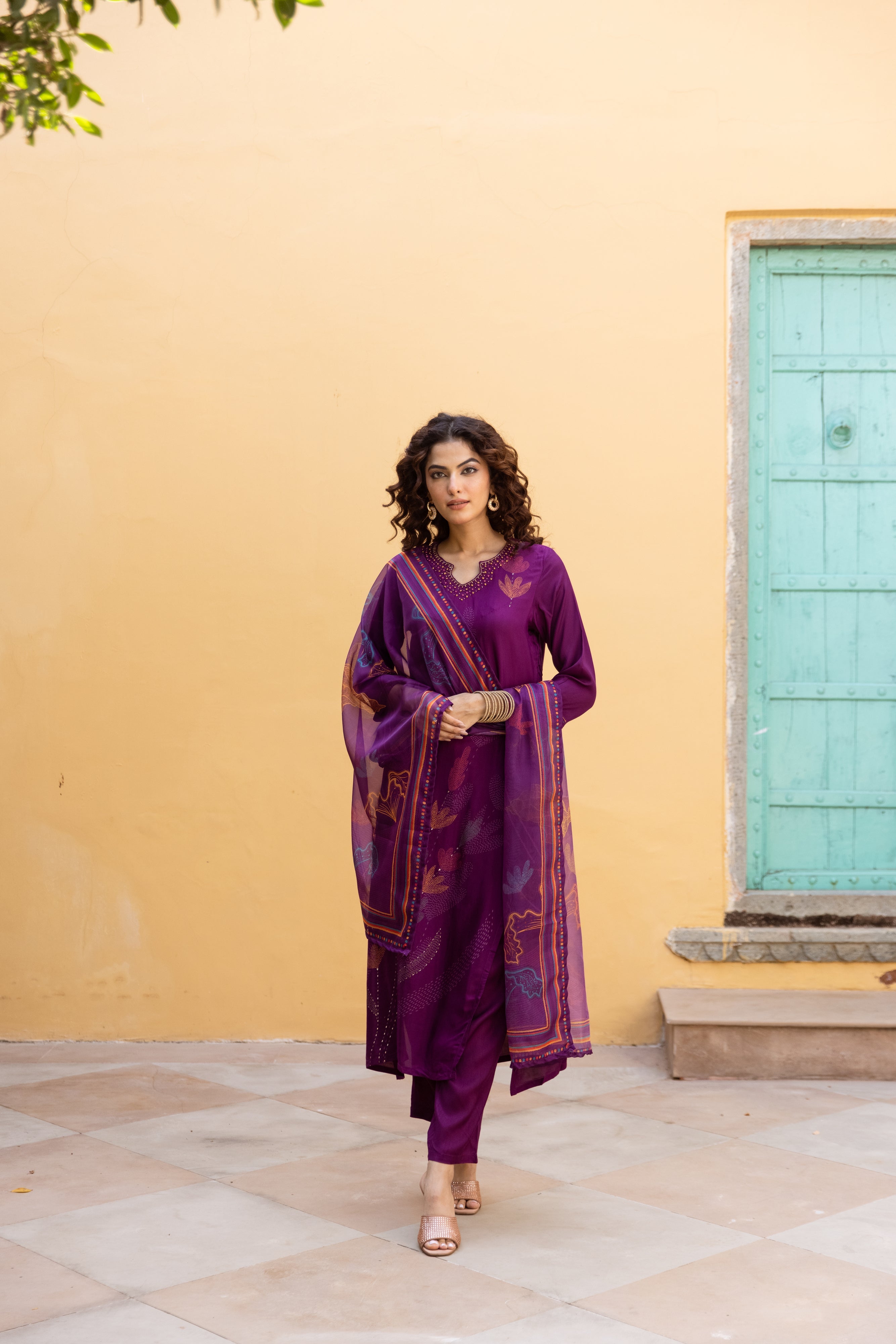 Purple Viscose Muslin Kurta Pant and Dupatta Set