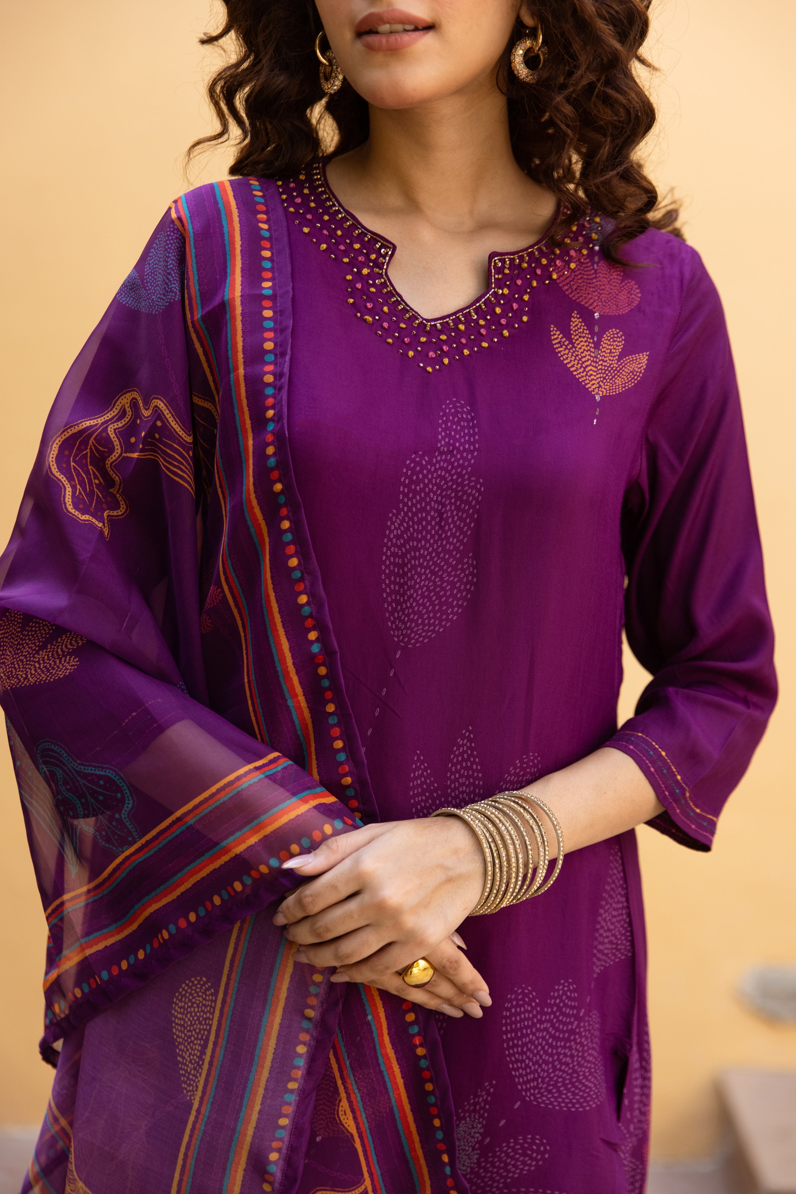 Purple Viscose Muslin Kurta Pant and Dupatta Set