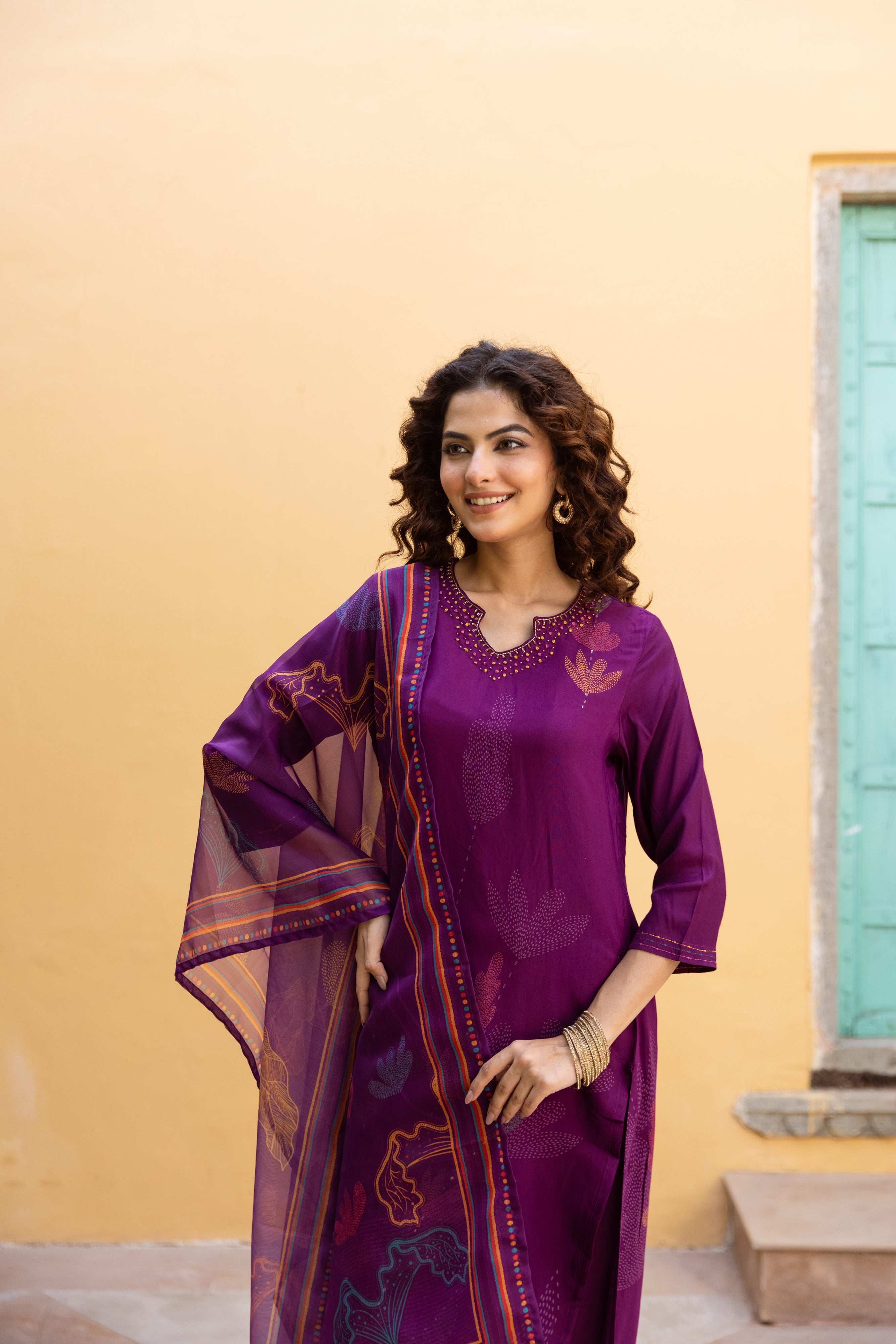 Purple Viscose Muslin Kurta Pant and Dupatta Set