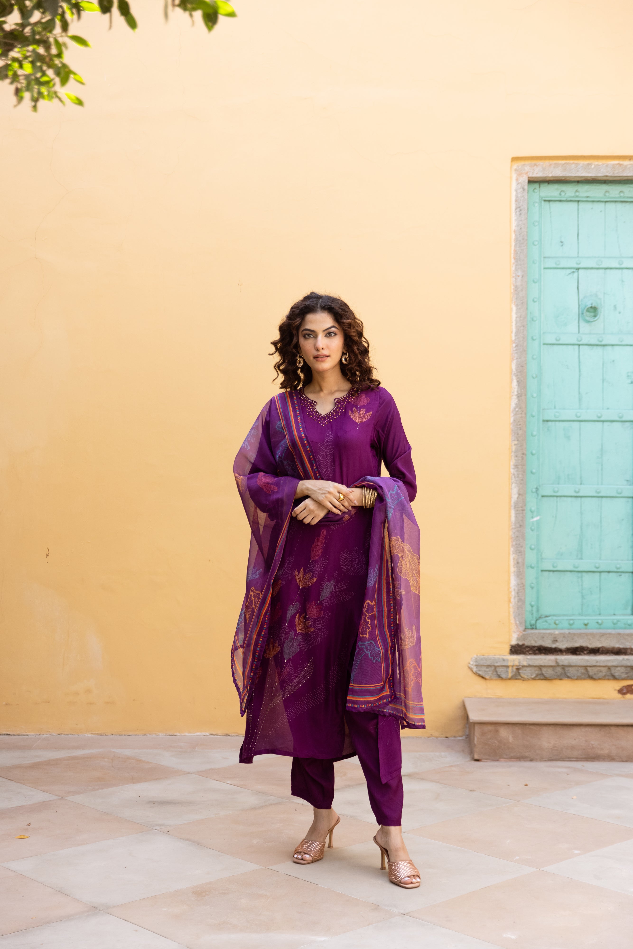 Purple Viscose Muslin Kurta Pant and Dupatta Set