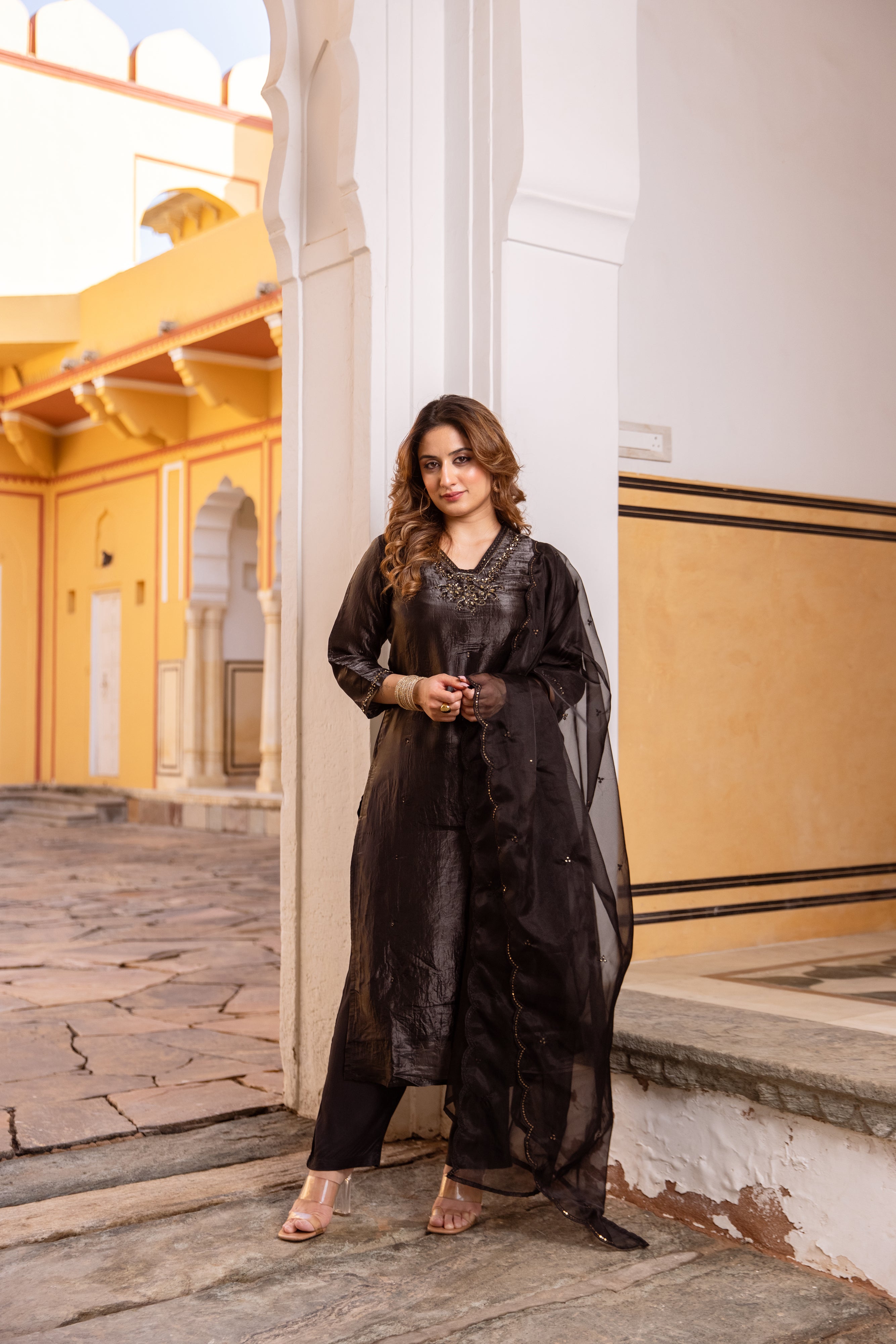 Black Paper Silk Kurta Pant and Dupatta Set