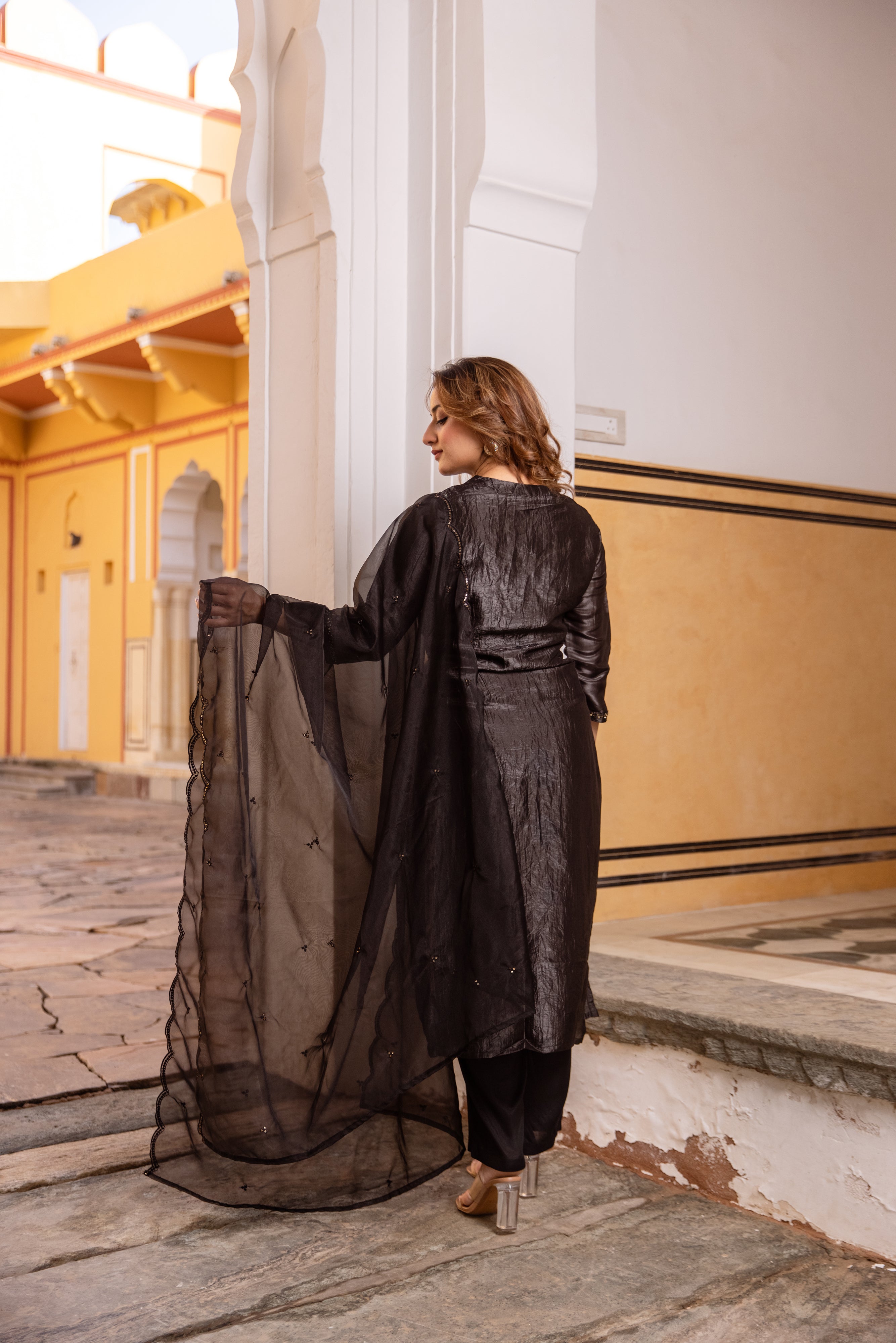 Black Paper Silk Kurta Pant and Dupatta Set