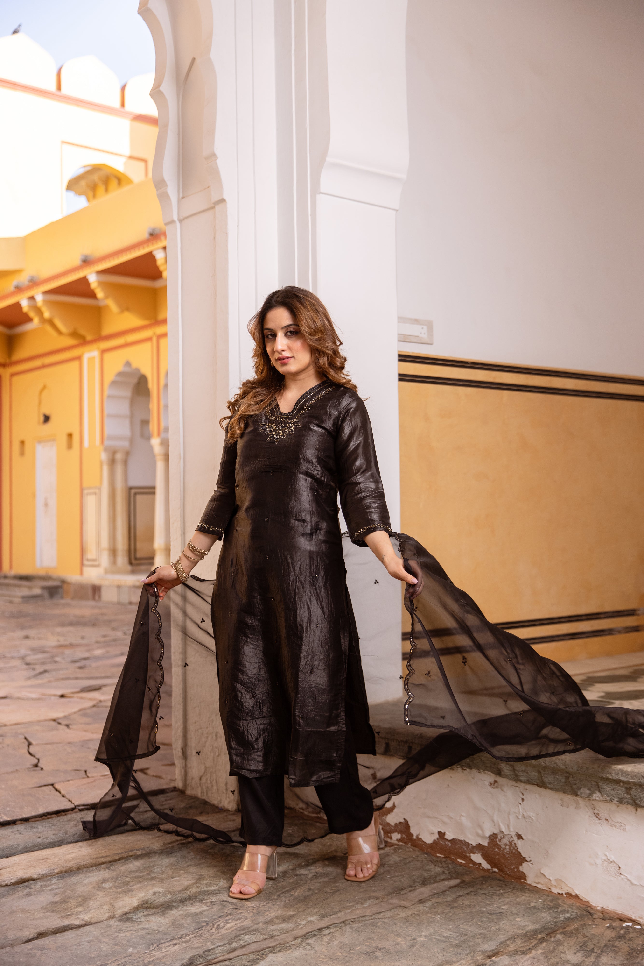 Black Paper Silk Kurta Pant and Dupatta Set