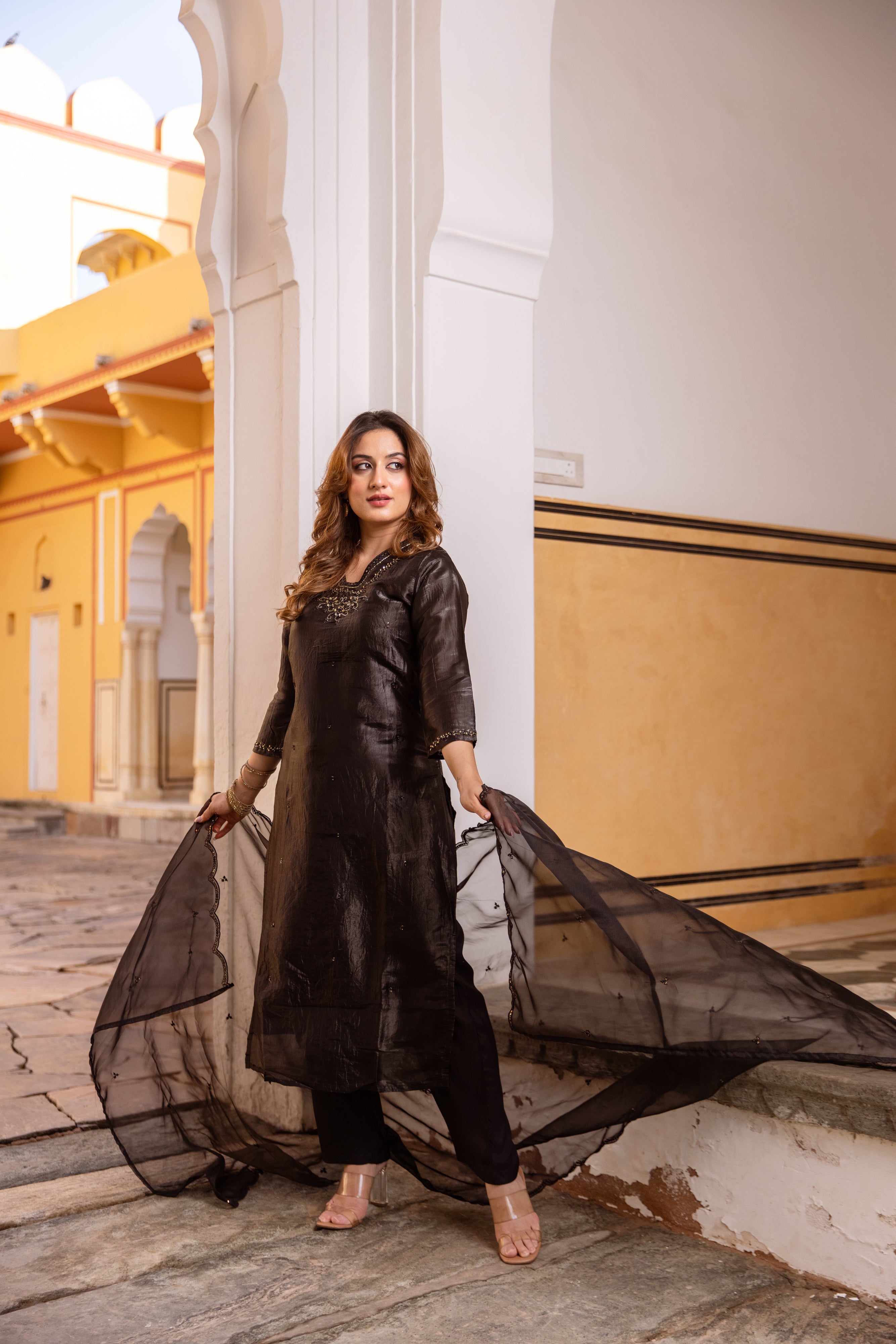 Black Paper Silk Kurta Pant and Dupatta Set