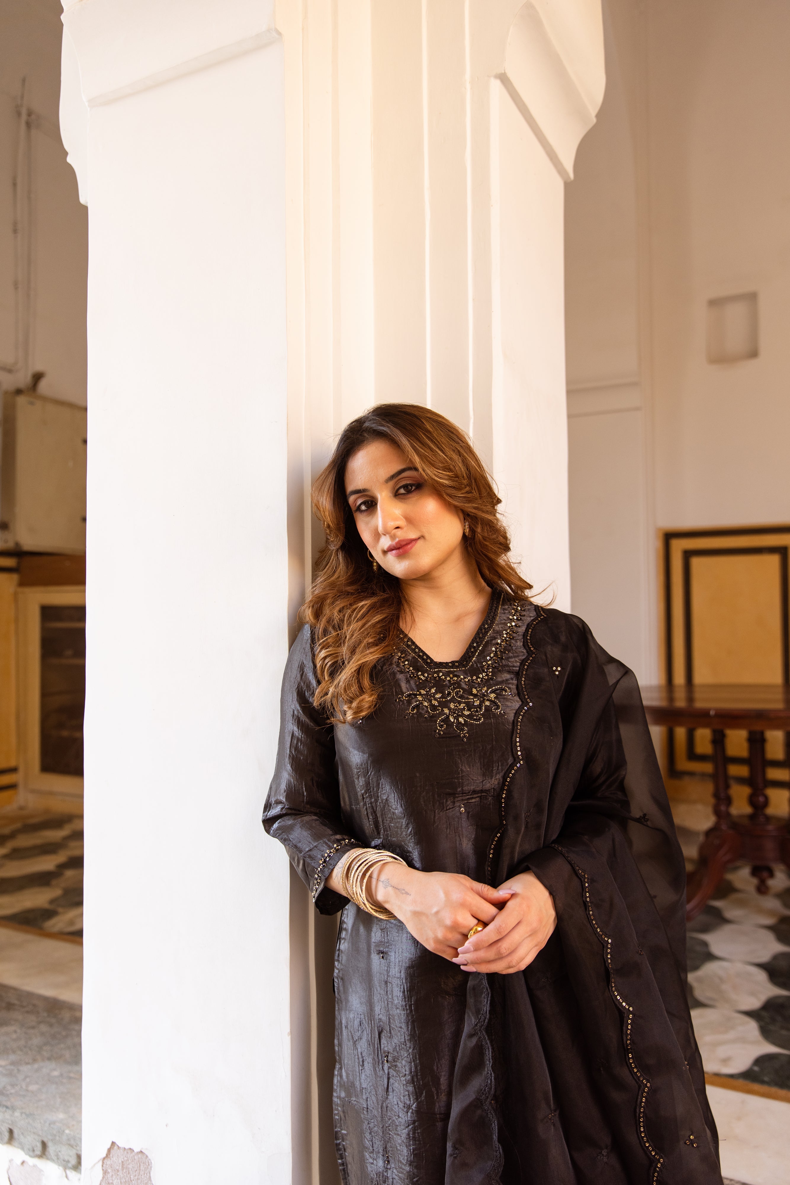 Black Paper Silk Kurta Pant and Dupatta Set