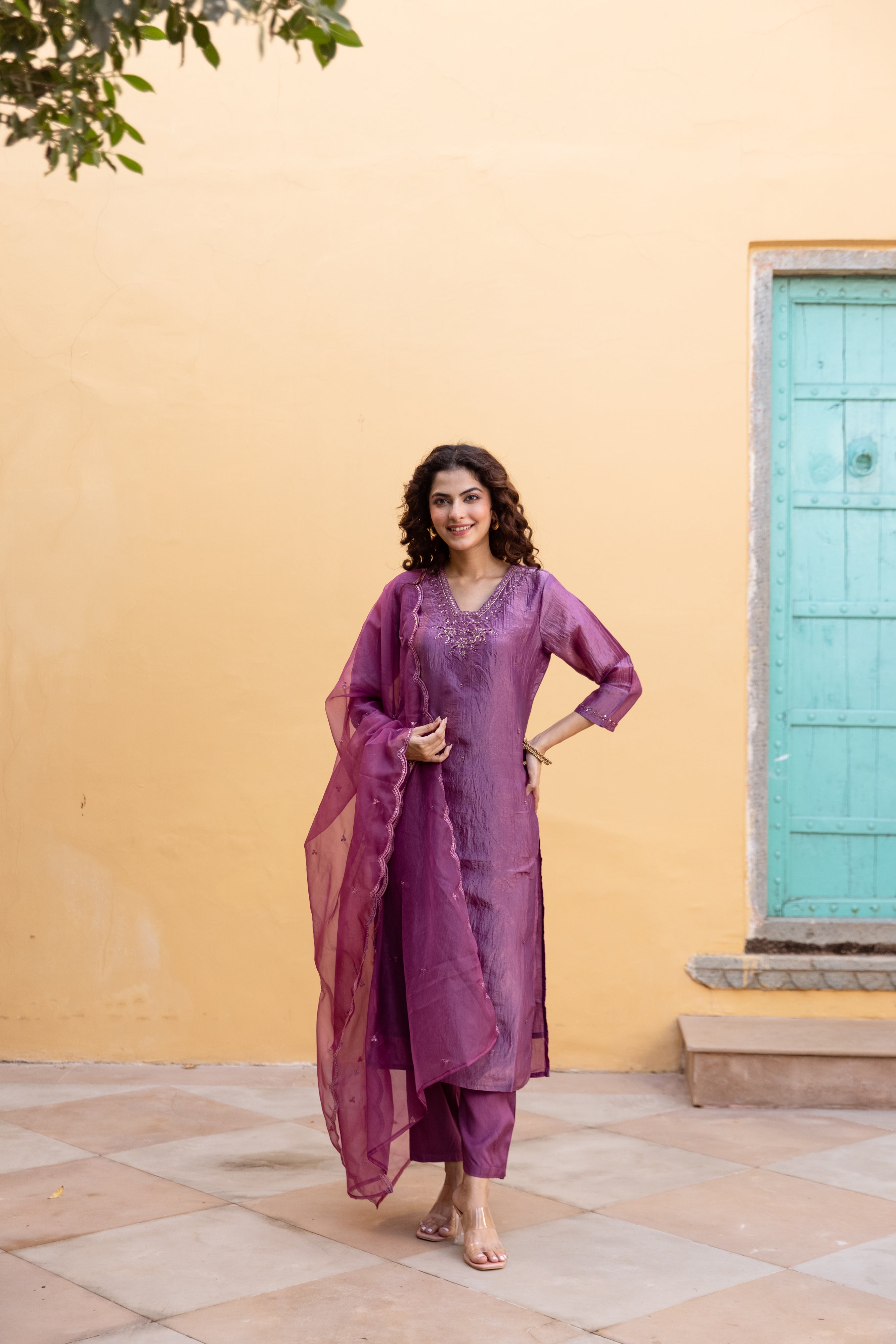 Luxury Purple Paper Silk Kurta Pant and Dupatta Set