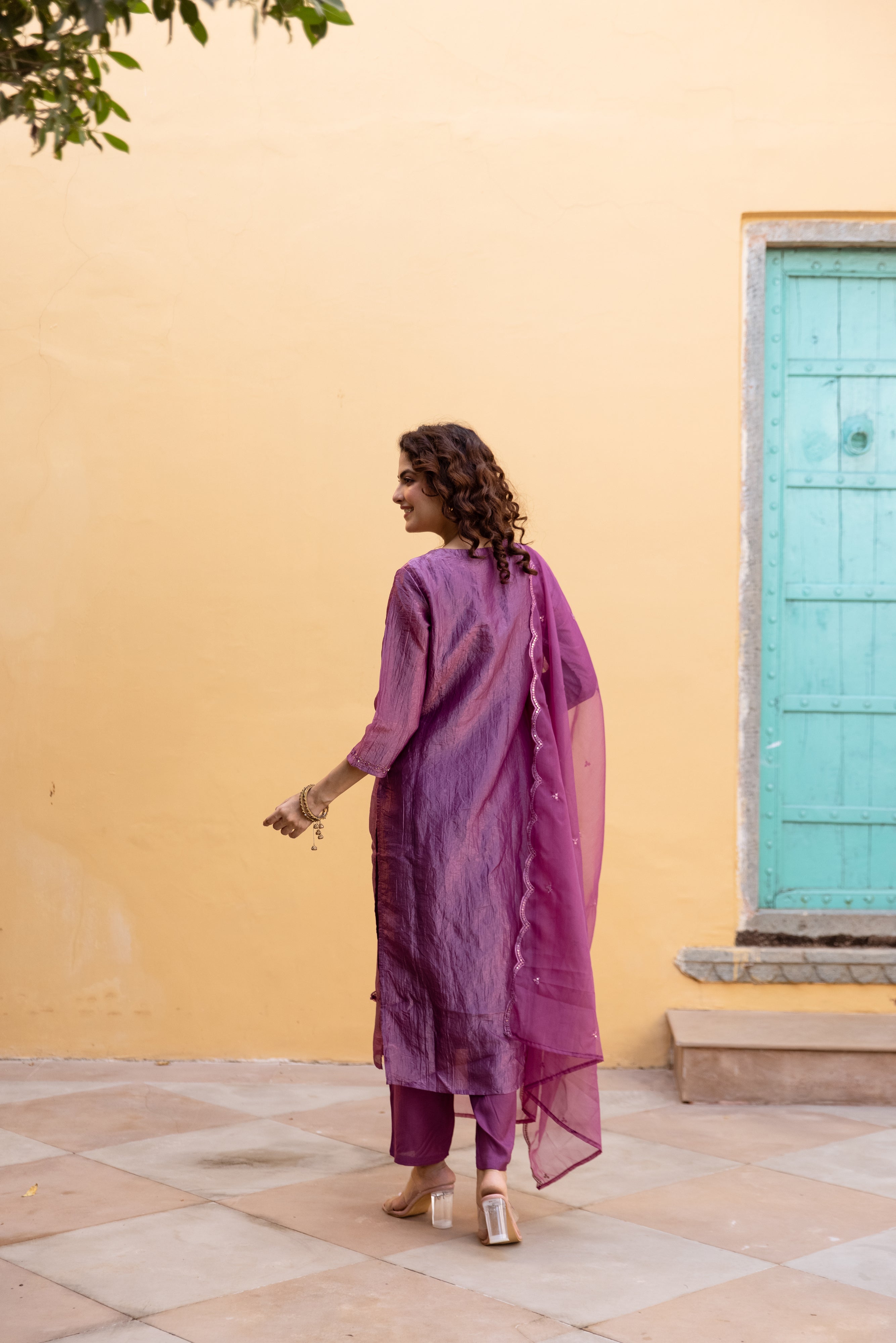 Luxury Purple Paper Silk Kurta Pant and Dupatta Set