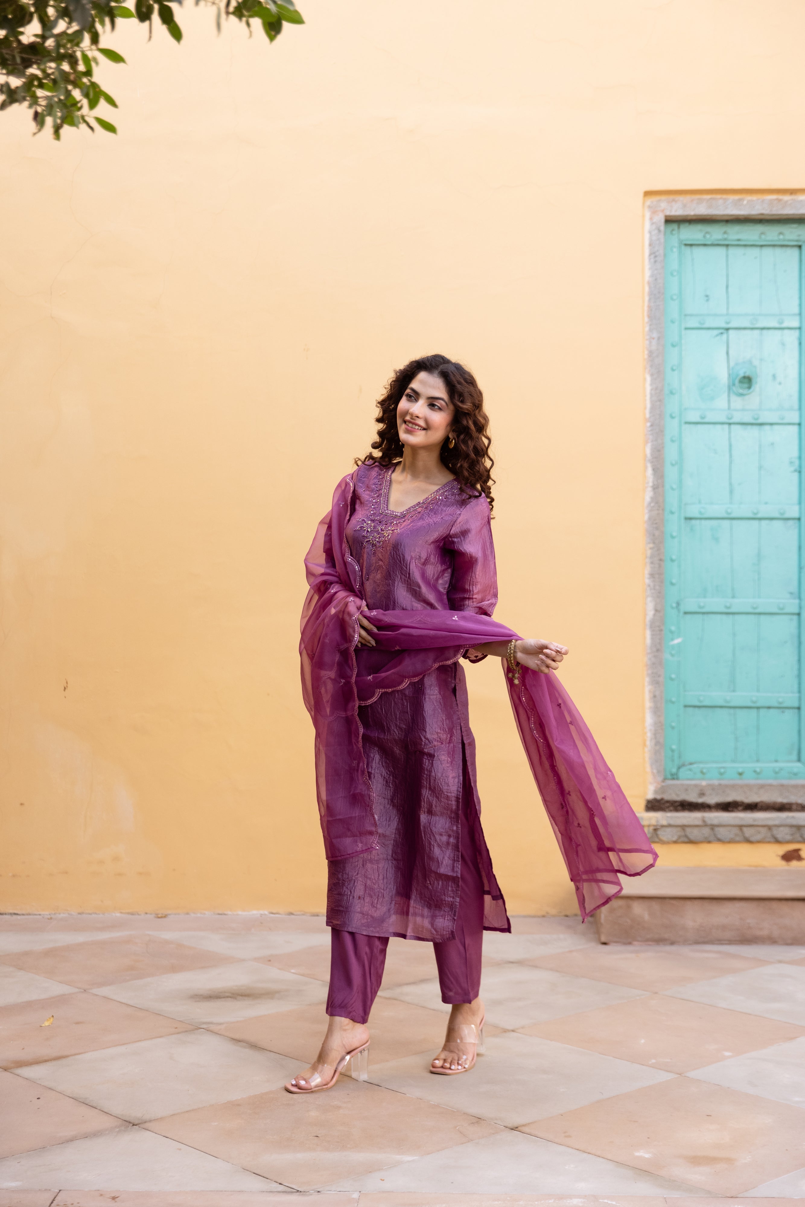 Luxury Purple Paper Silk Kurta Pant and Dupatta Set
