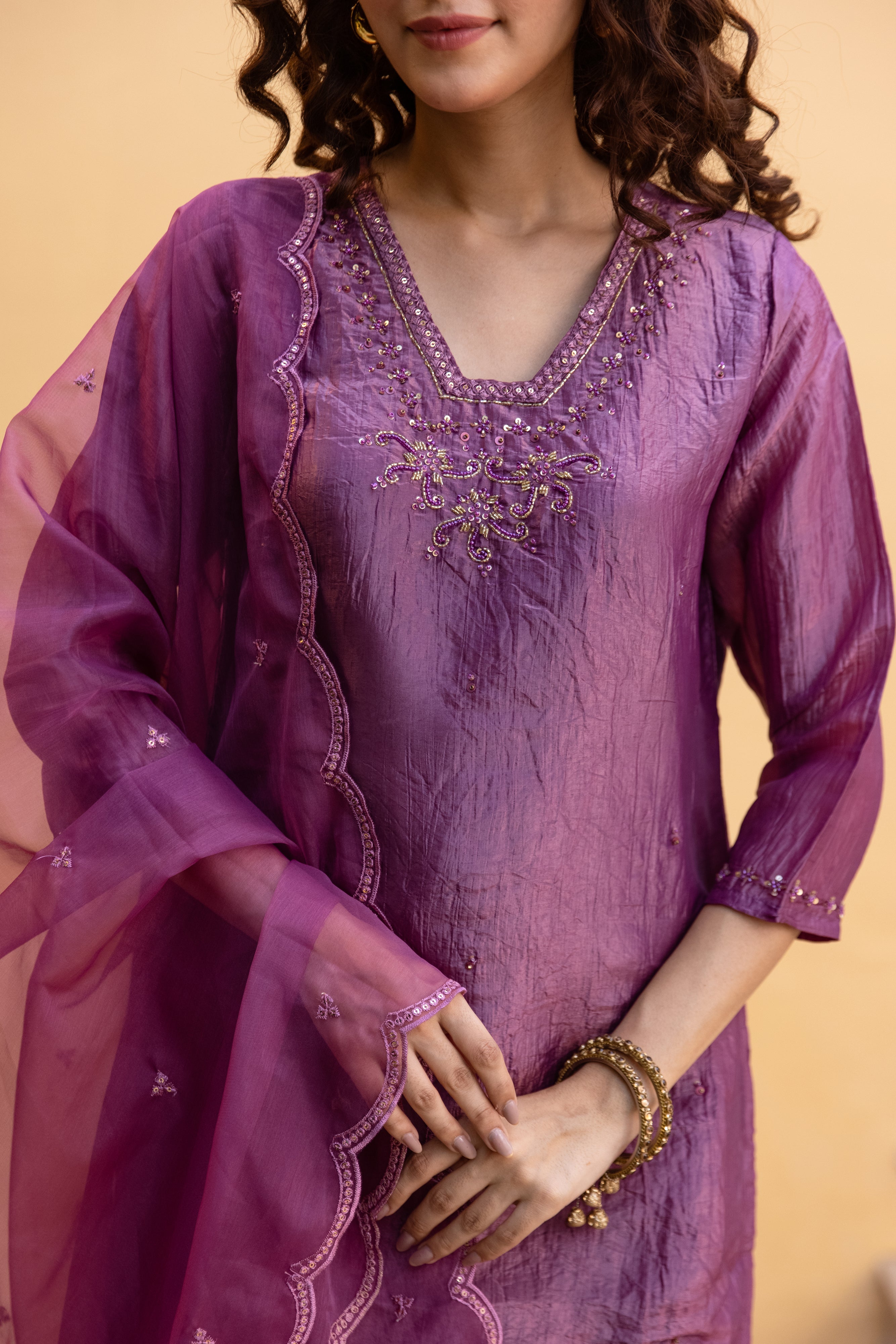 Luxury Purple Paper Silk Kurta Pant and Dupatta Set