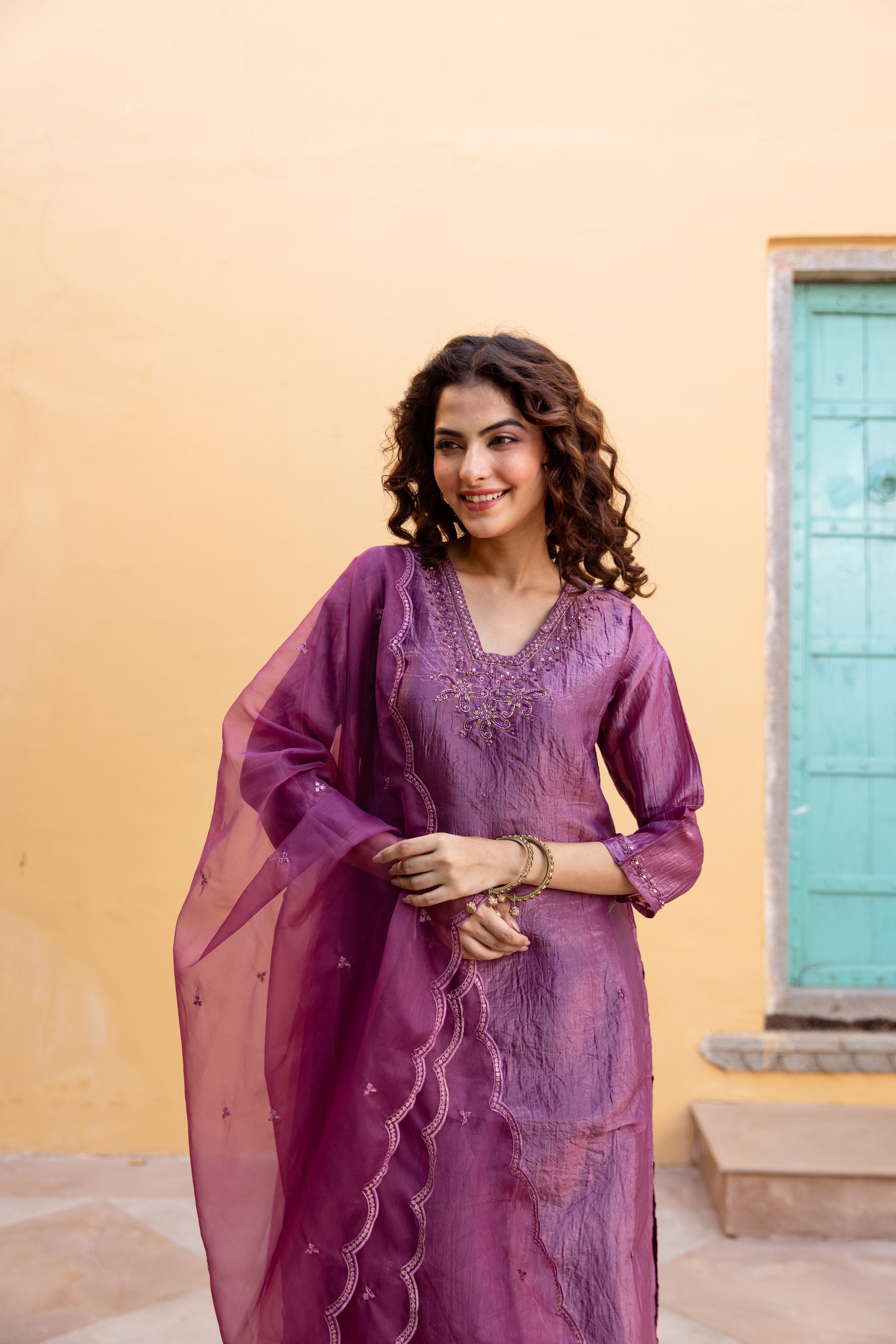 Luxury Purple Paper Silk Kurta Pant and Dupatta Set