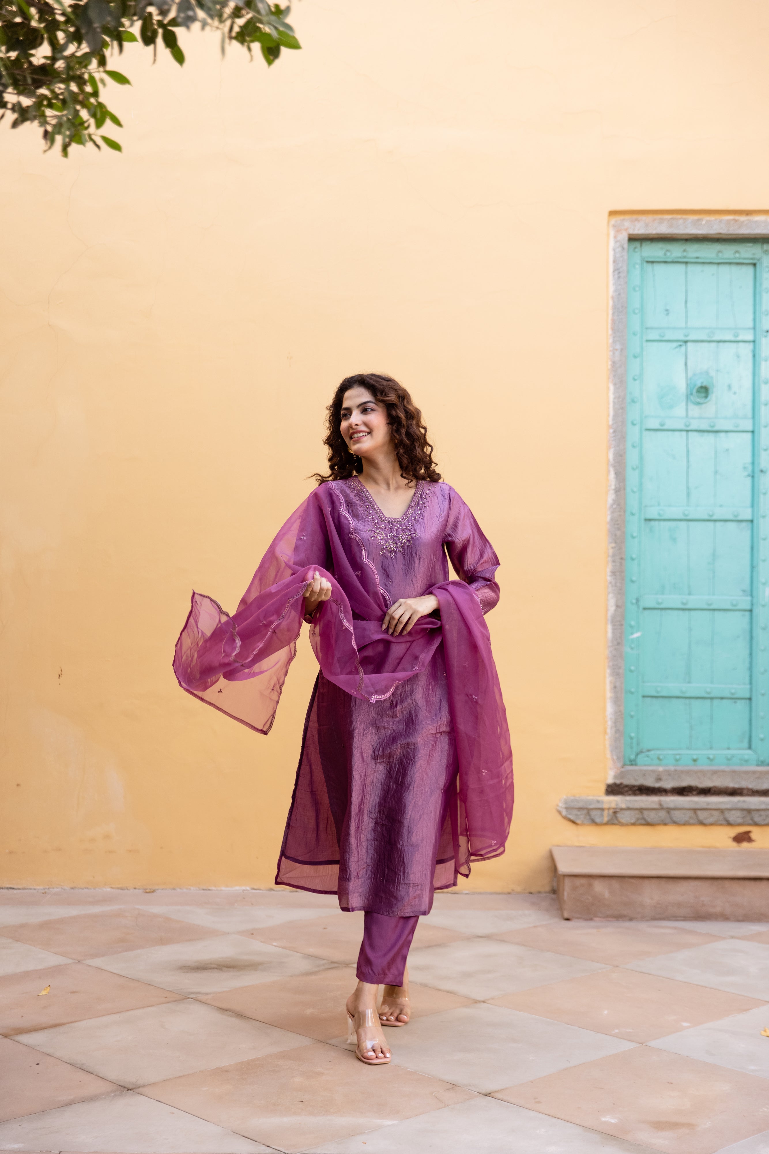 Luxury Purple Paper Silk Kurta Pant and Dupatta Set